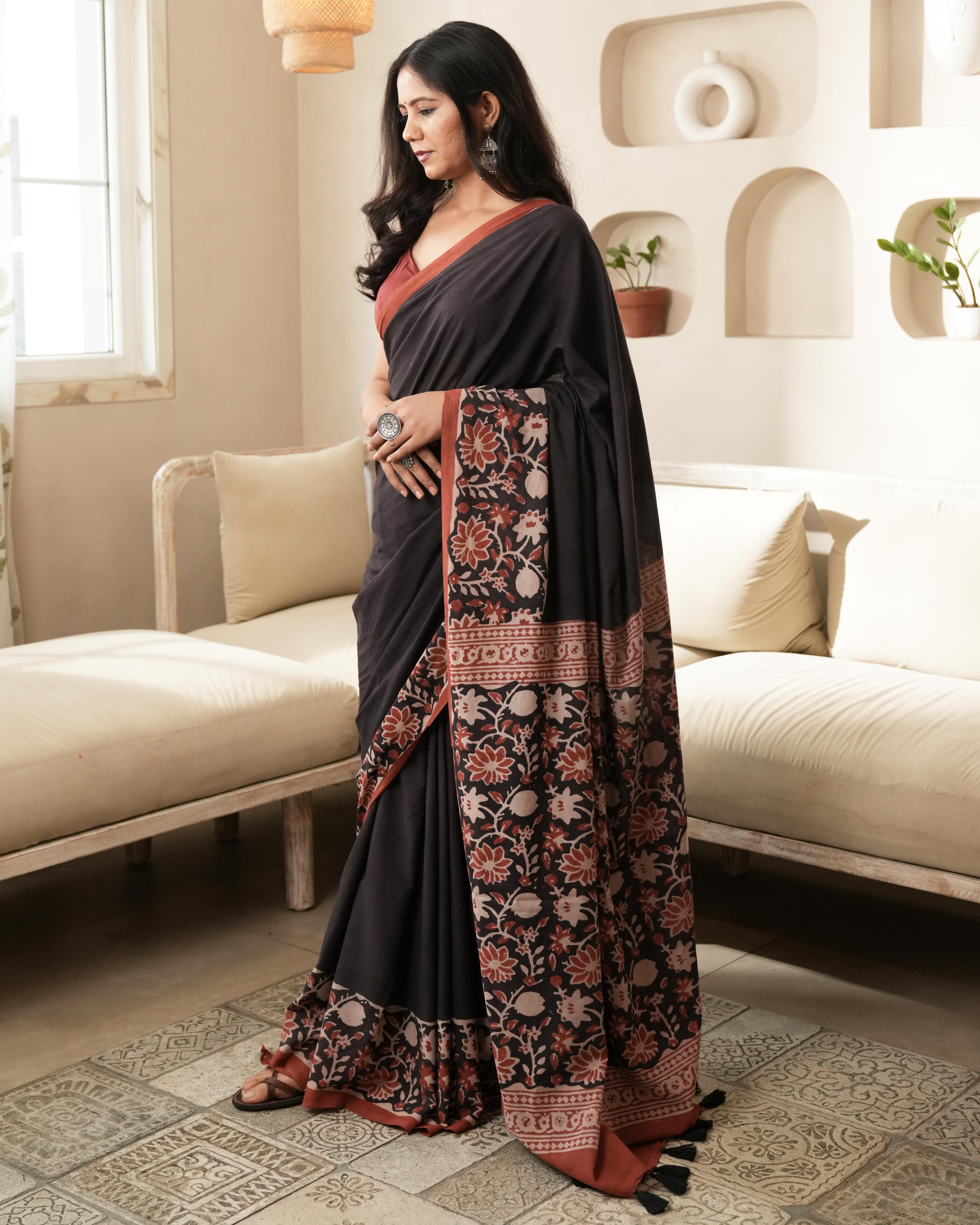 Black Floral Jaal Border Bagru Print Mulmul Saree