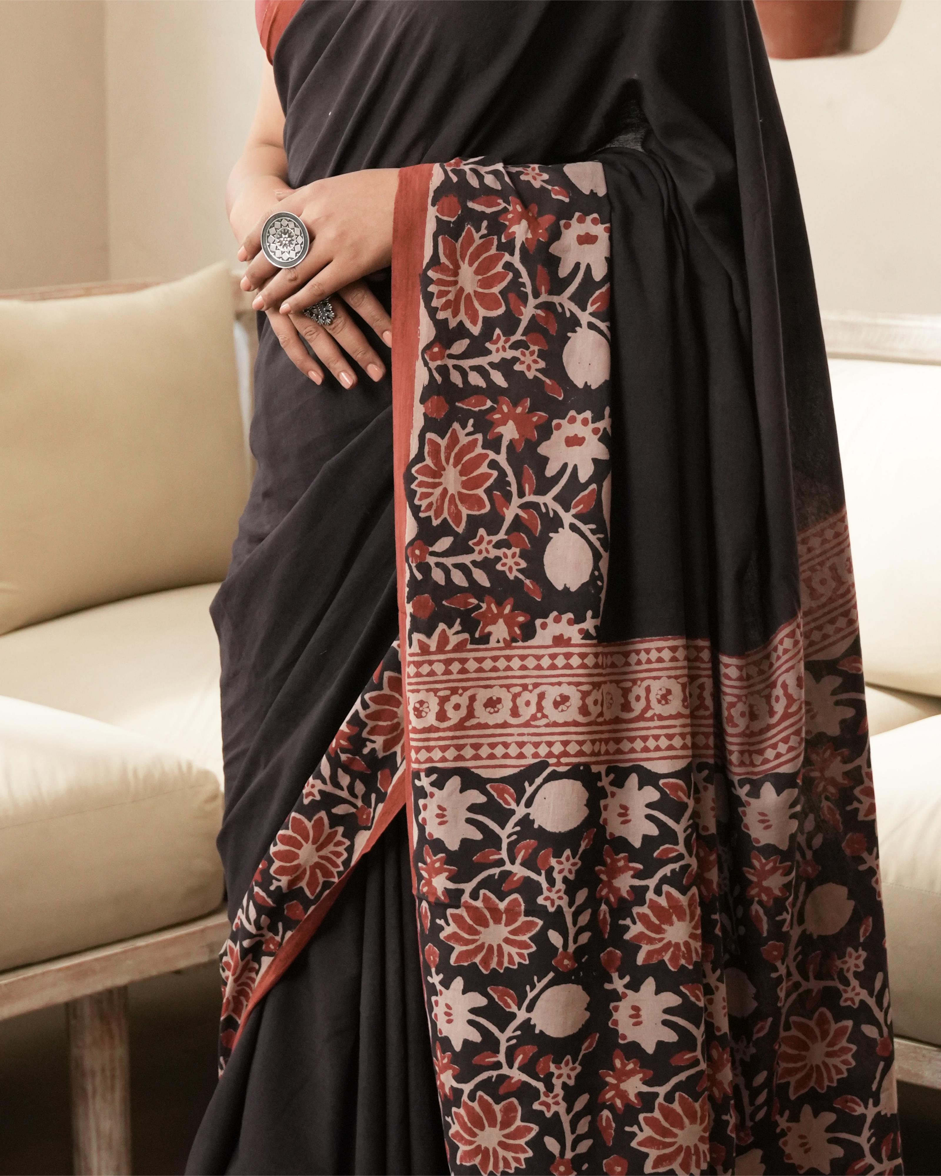Black Floral Jaal Border Bagru Print Mulmul Saree