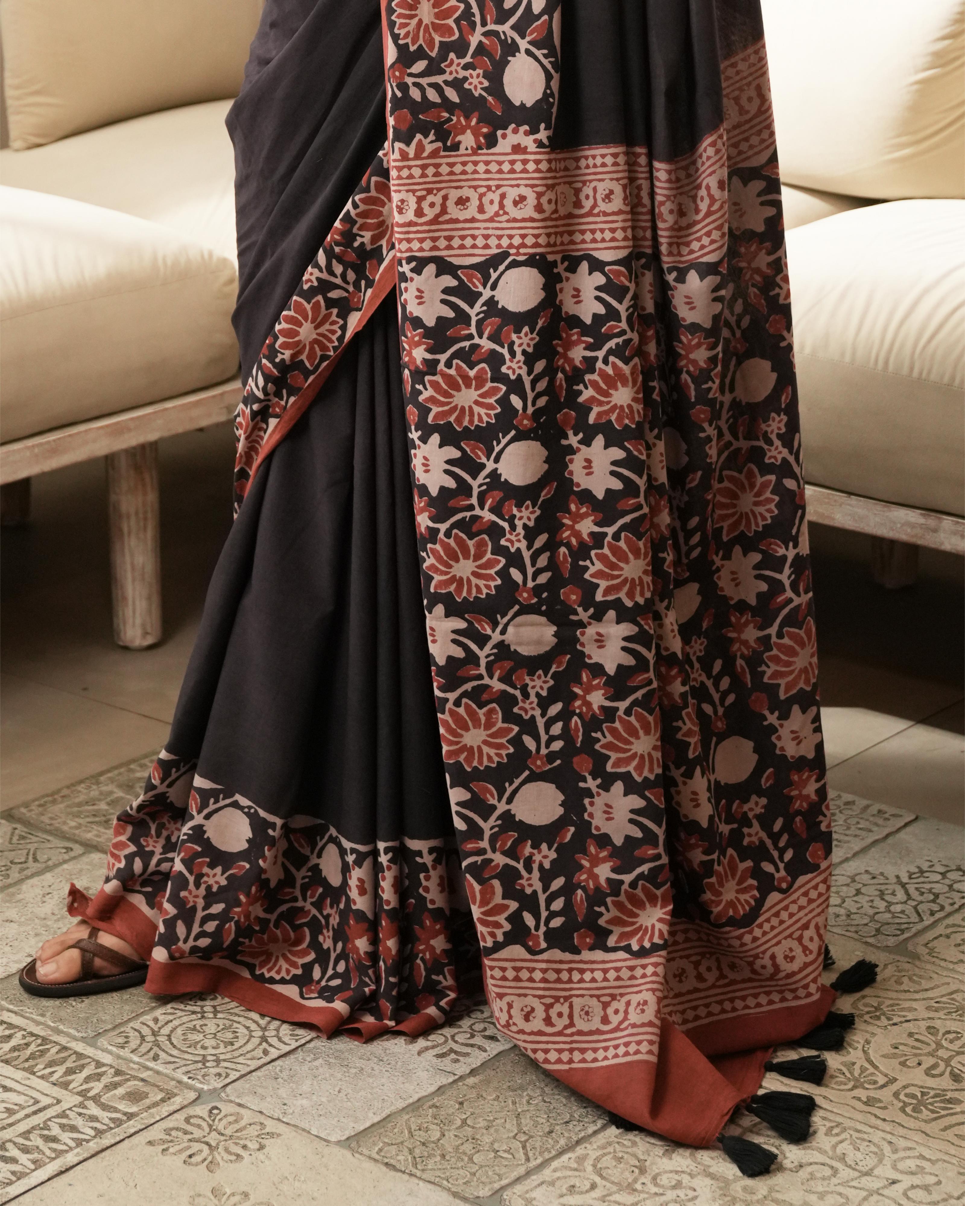 Black Floral Jaal Border Bagru Print Mulmul Saree