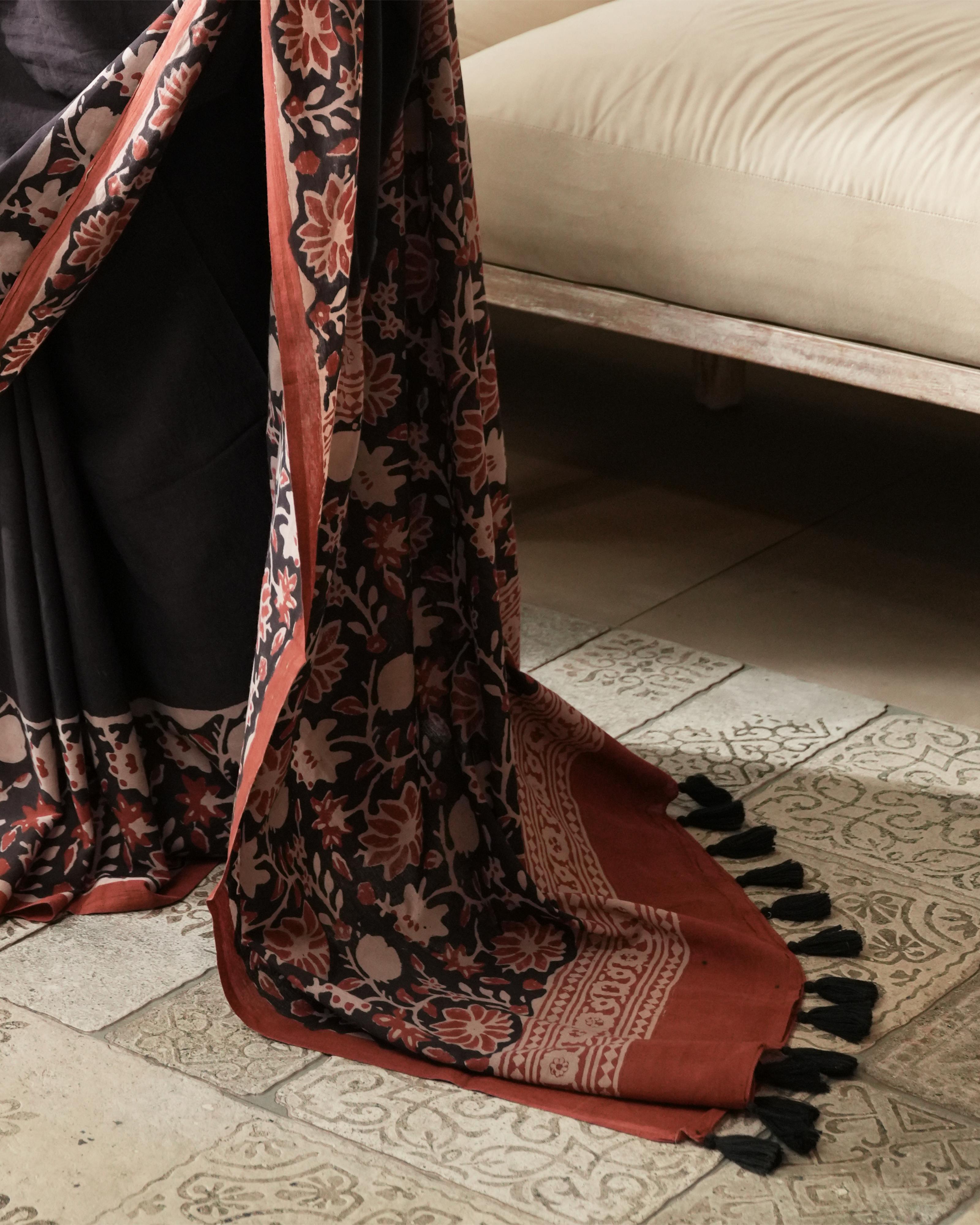 Black Floral Jaal Border Bagru Print Mulmul Saree
