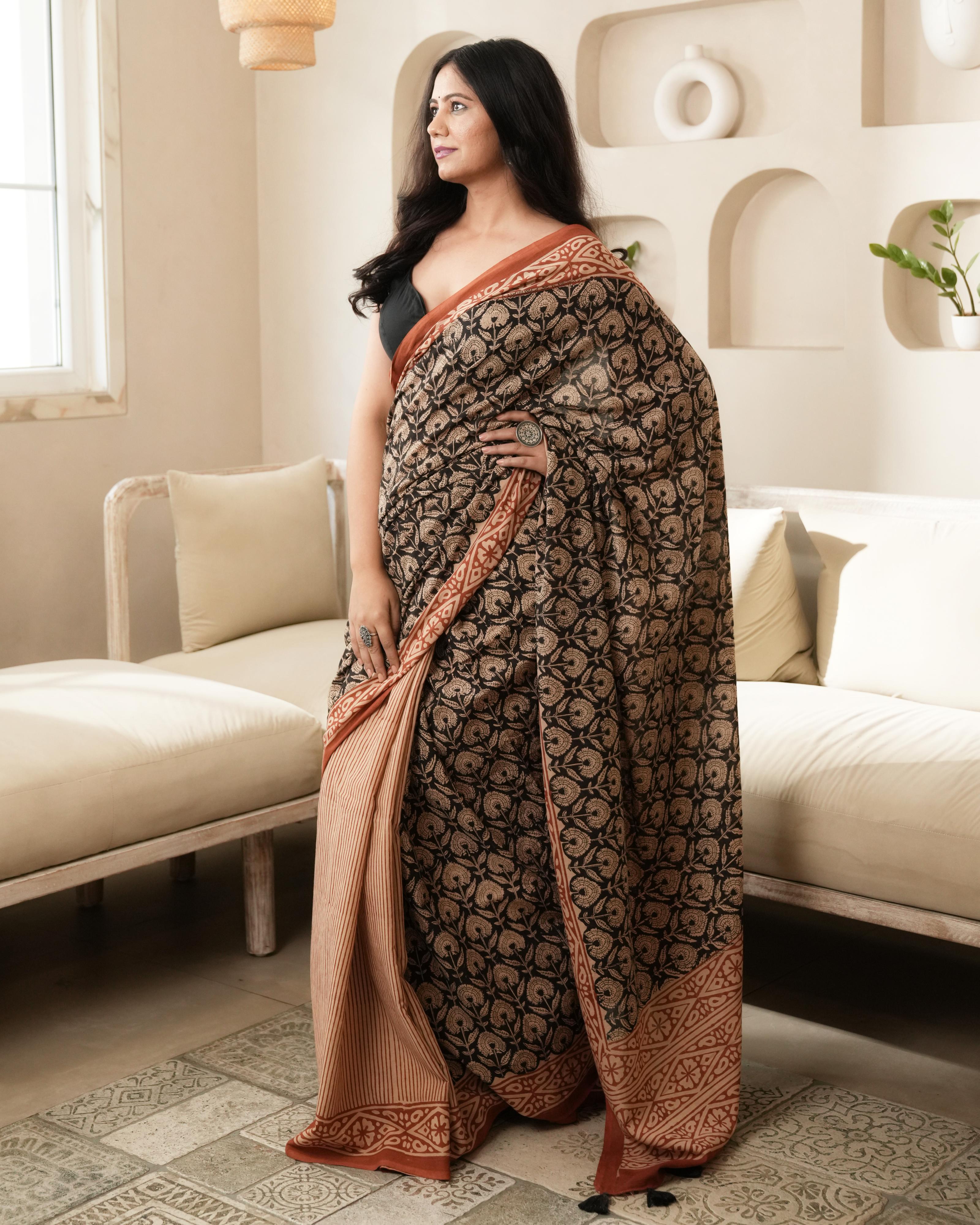 Black Dual Bagru Print Mul Cotton Saree