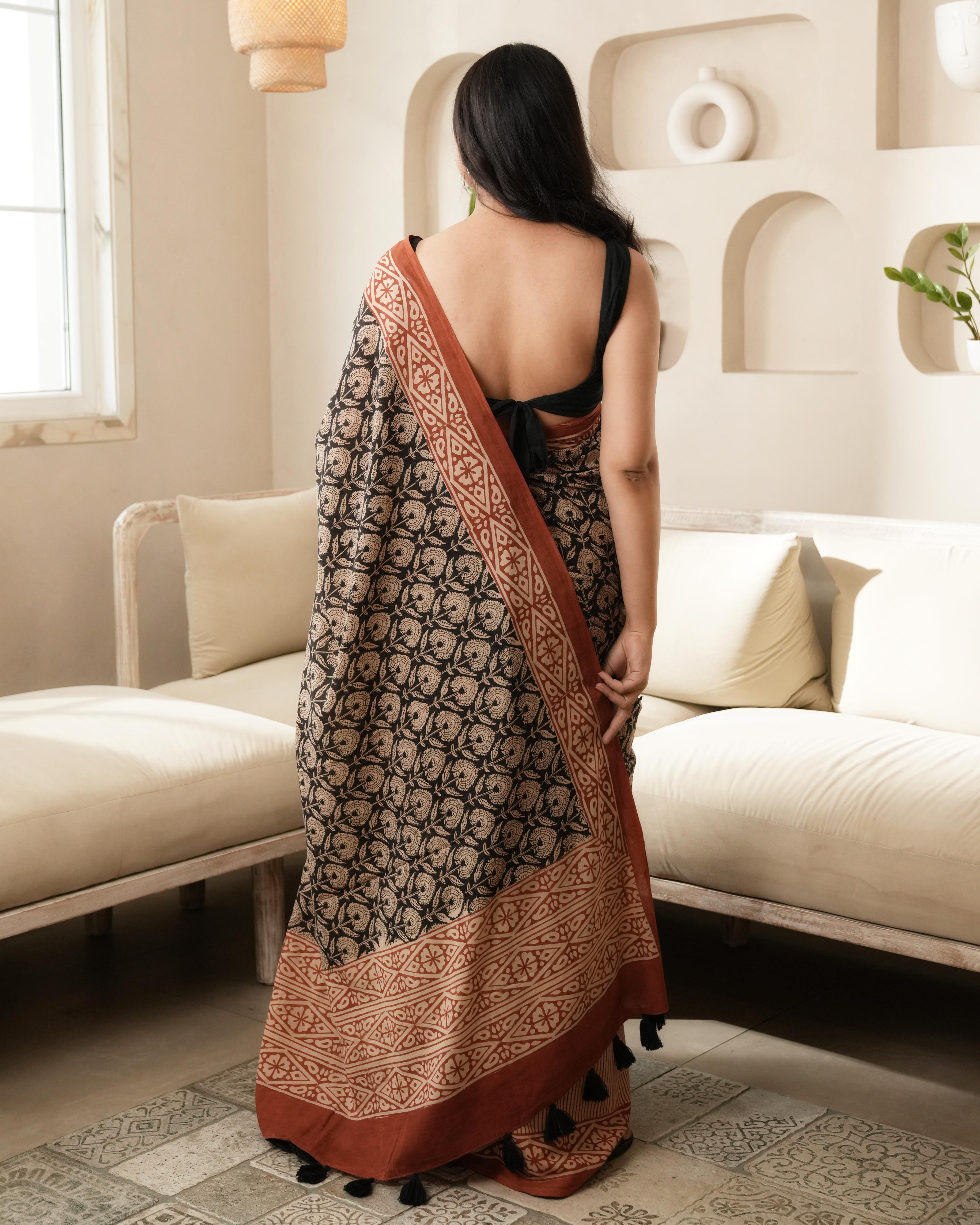 Black Dual Bagru Print Mul Cotton Saree