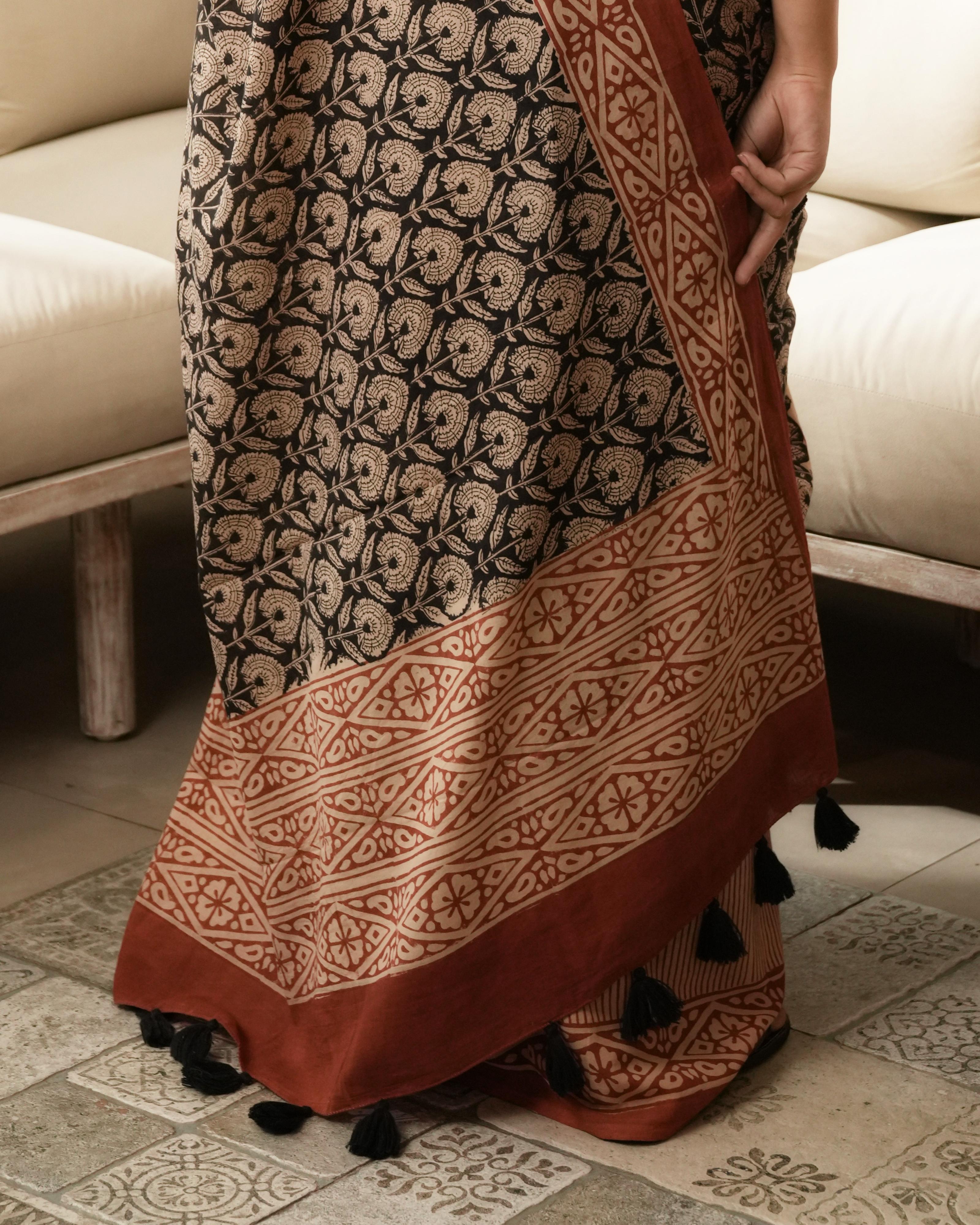 Black Dual Bagru Print Mul Cotton Saree