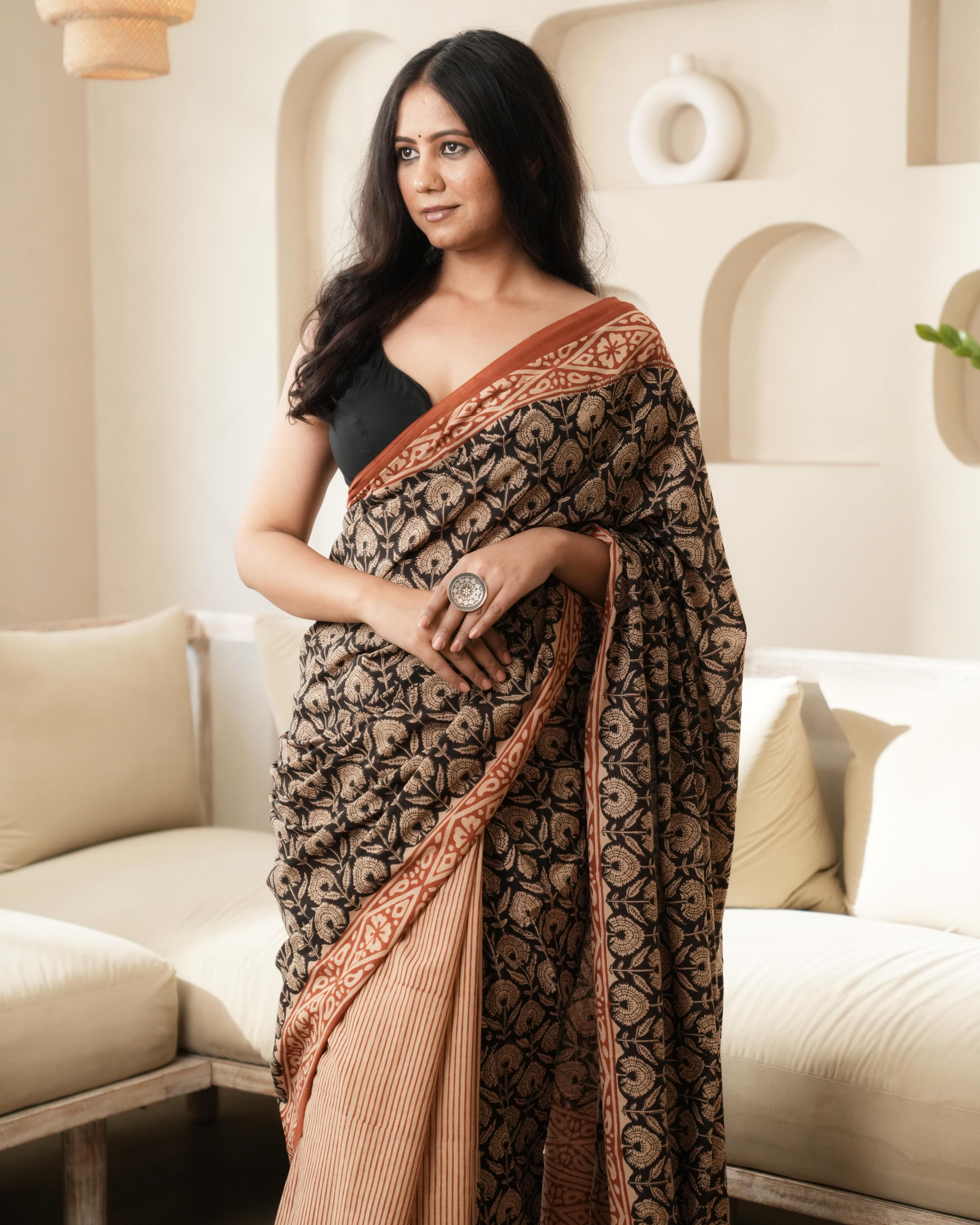 Black Dual Bagru Print Mul Cotton Saree