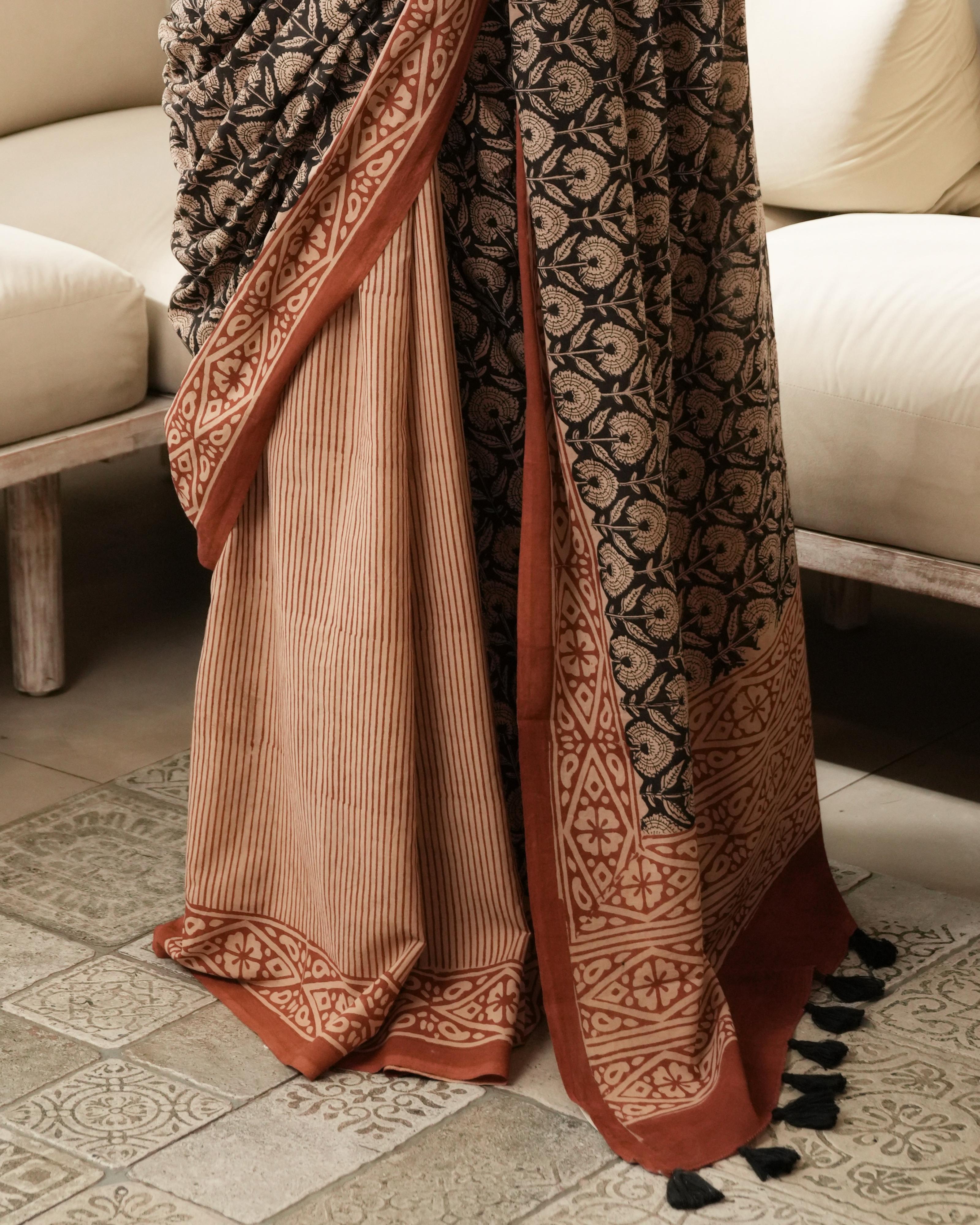 Black Dual Bagru Print Mul Cotton Saree