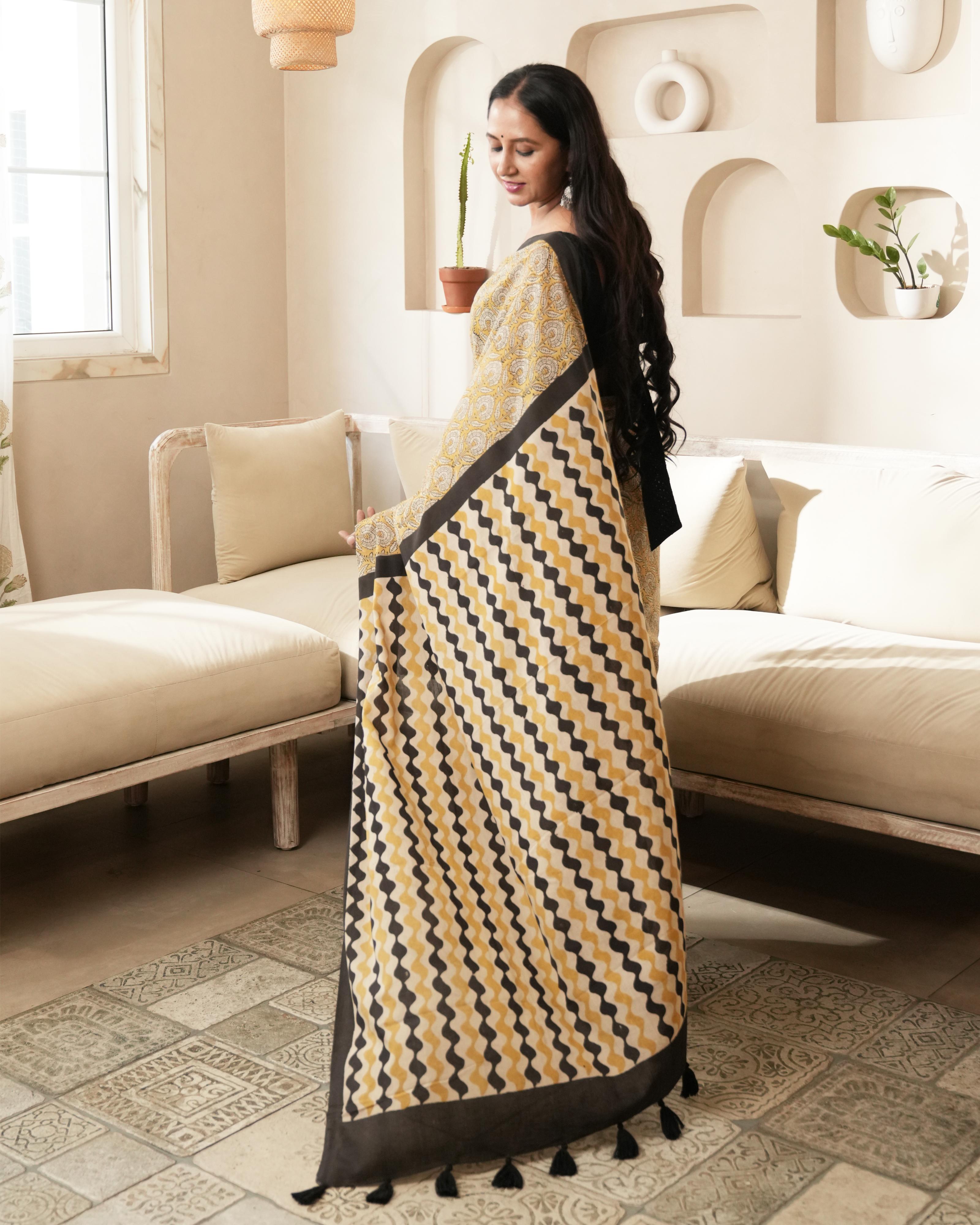Mustard Jaal Bagru Print Mulmul Saree