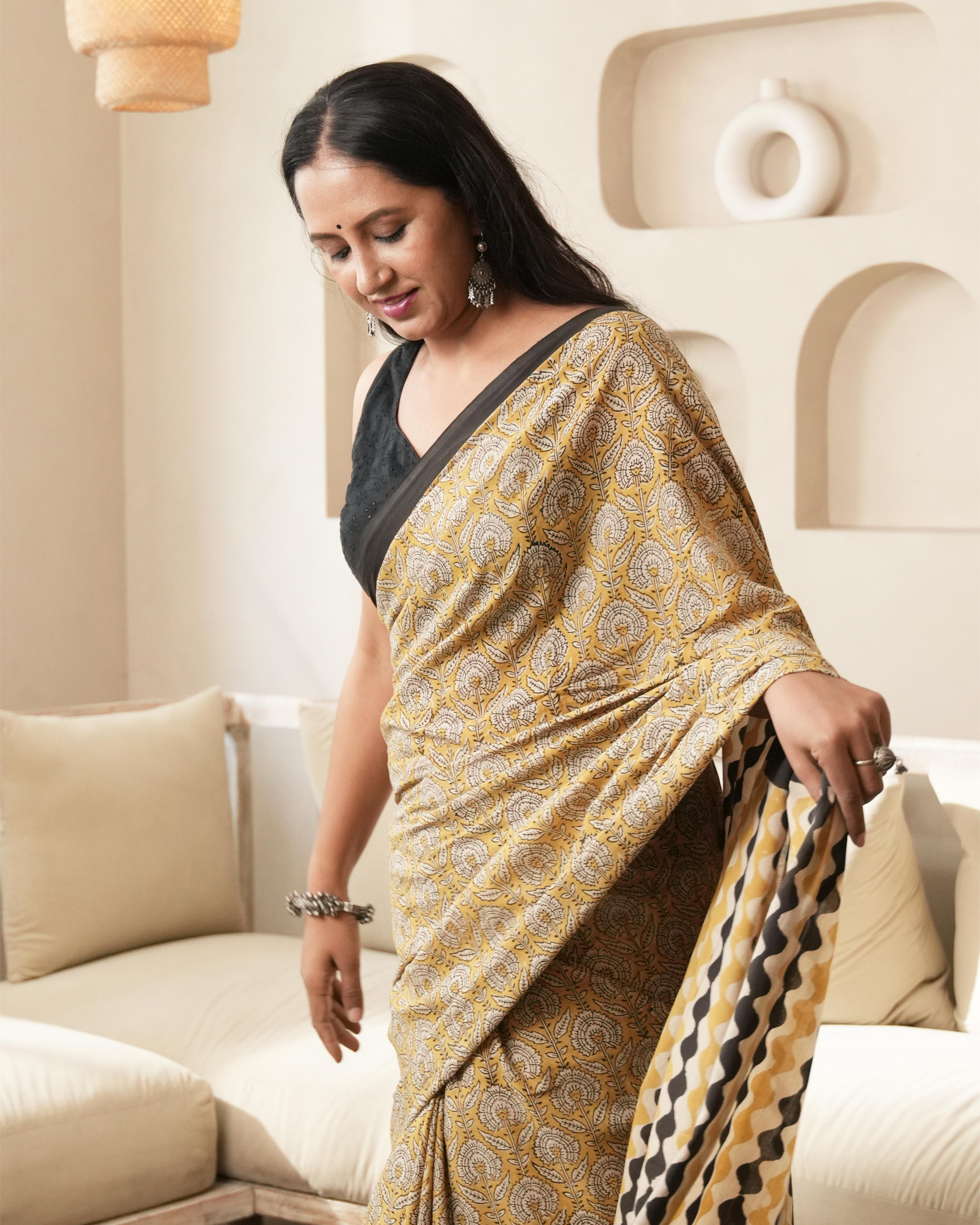 Mustard Jaal Bagru Print Mulmul Saree