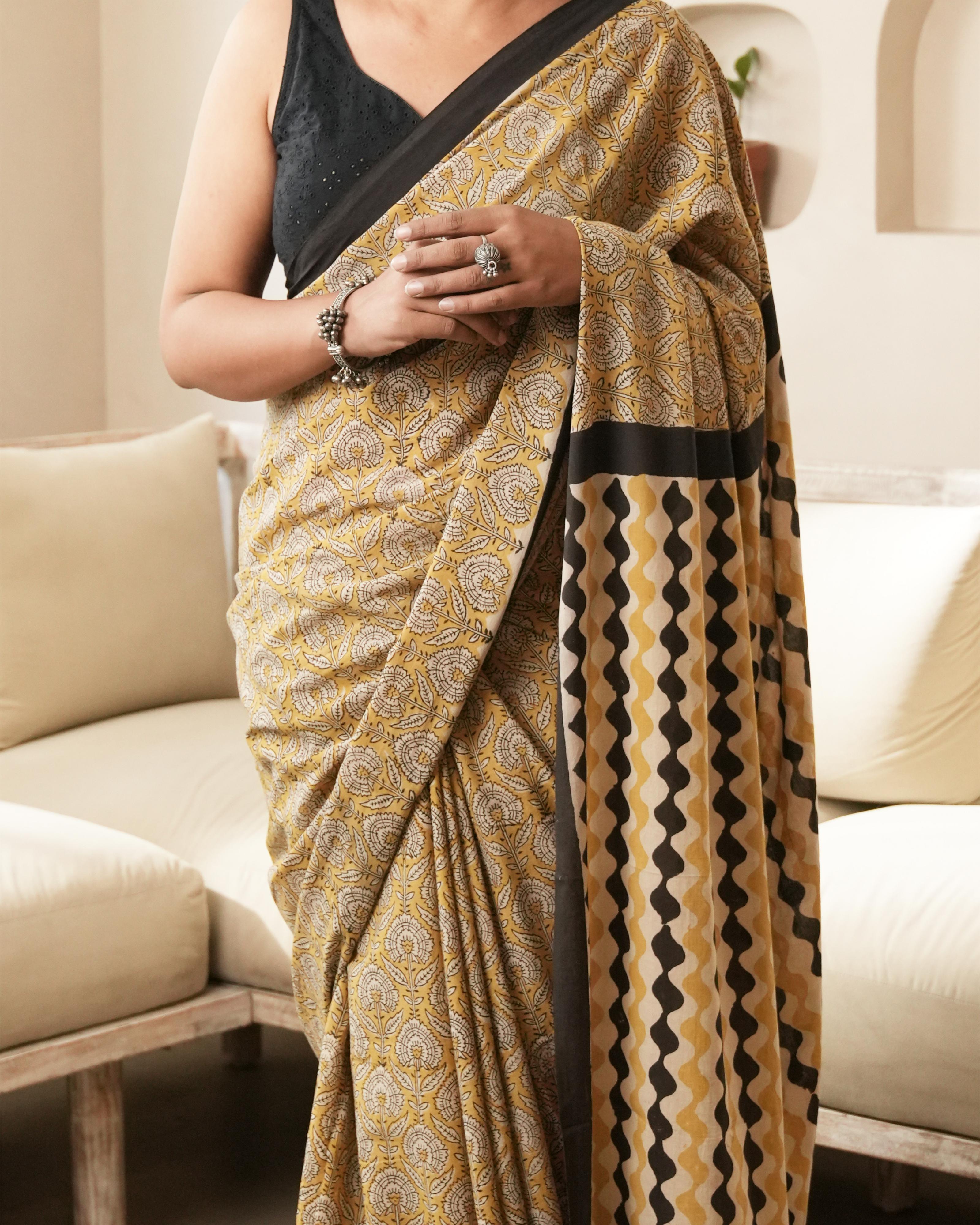 Mustard Jaal Bagru Print Mulmul Saree