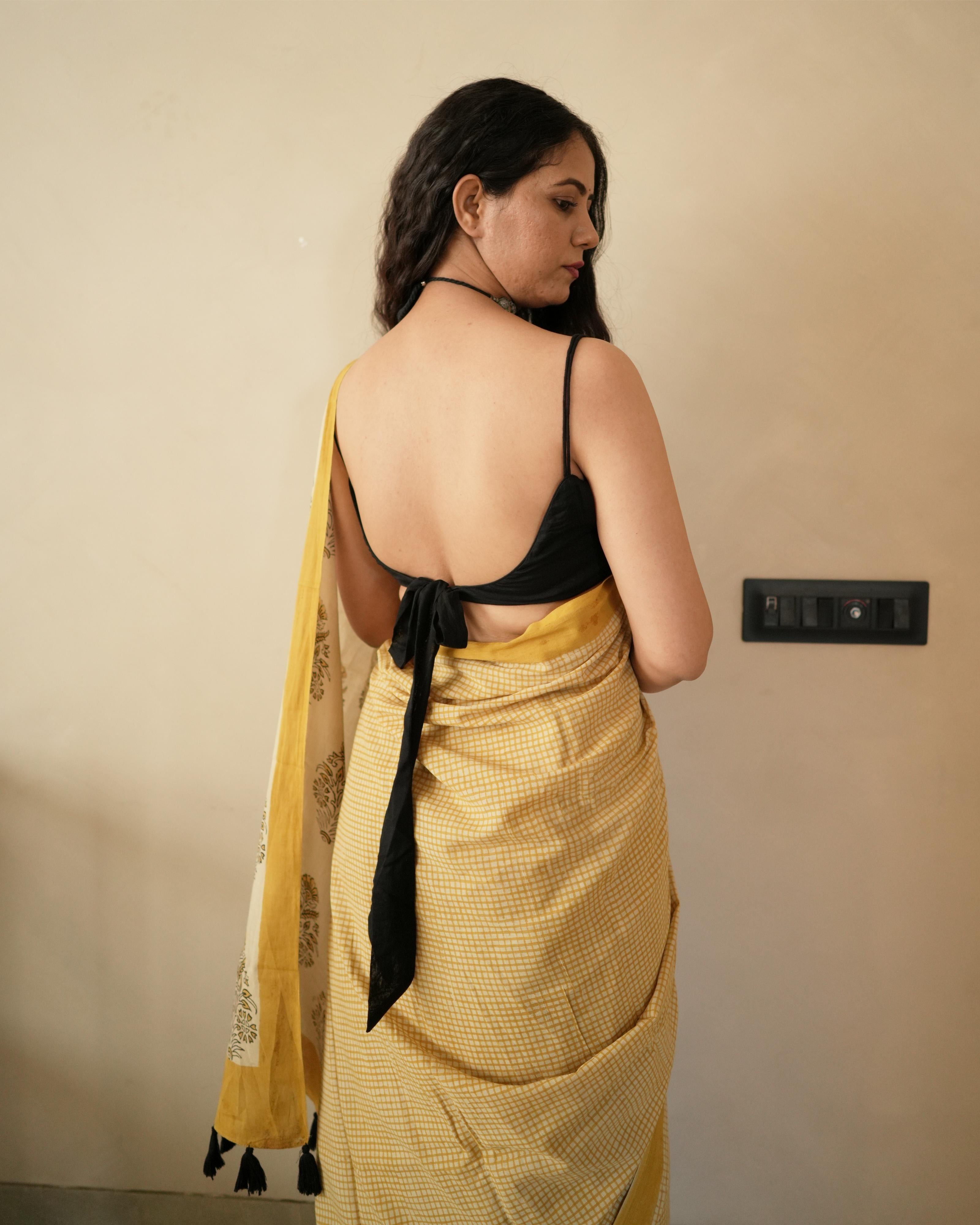 Mustard Checks Bagru Printed Mul Saree with Tassels
