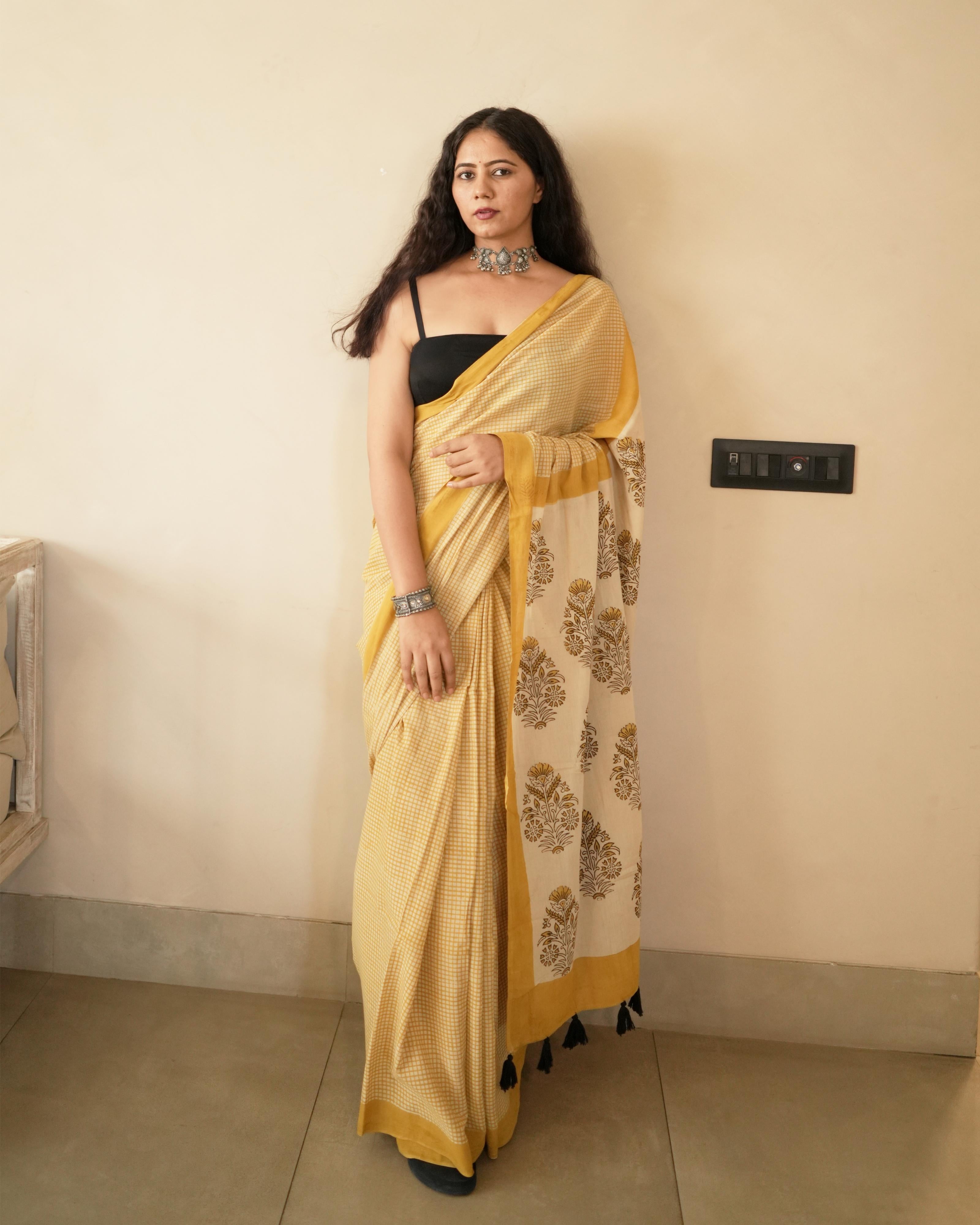 Mustard Checks Bagru Printed Mul Saree with Tassels