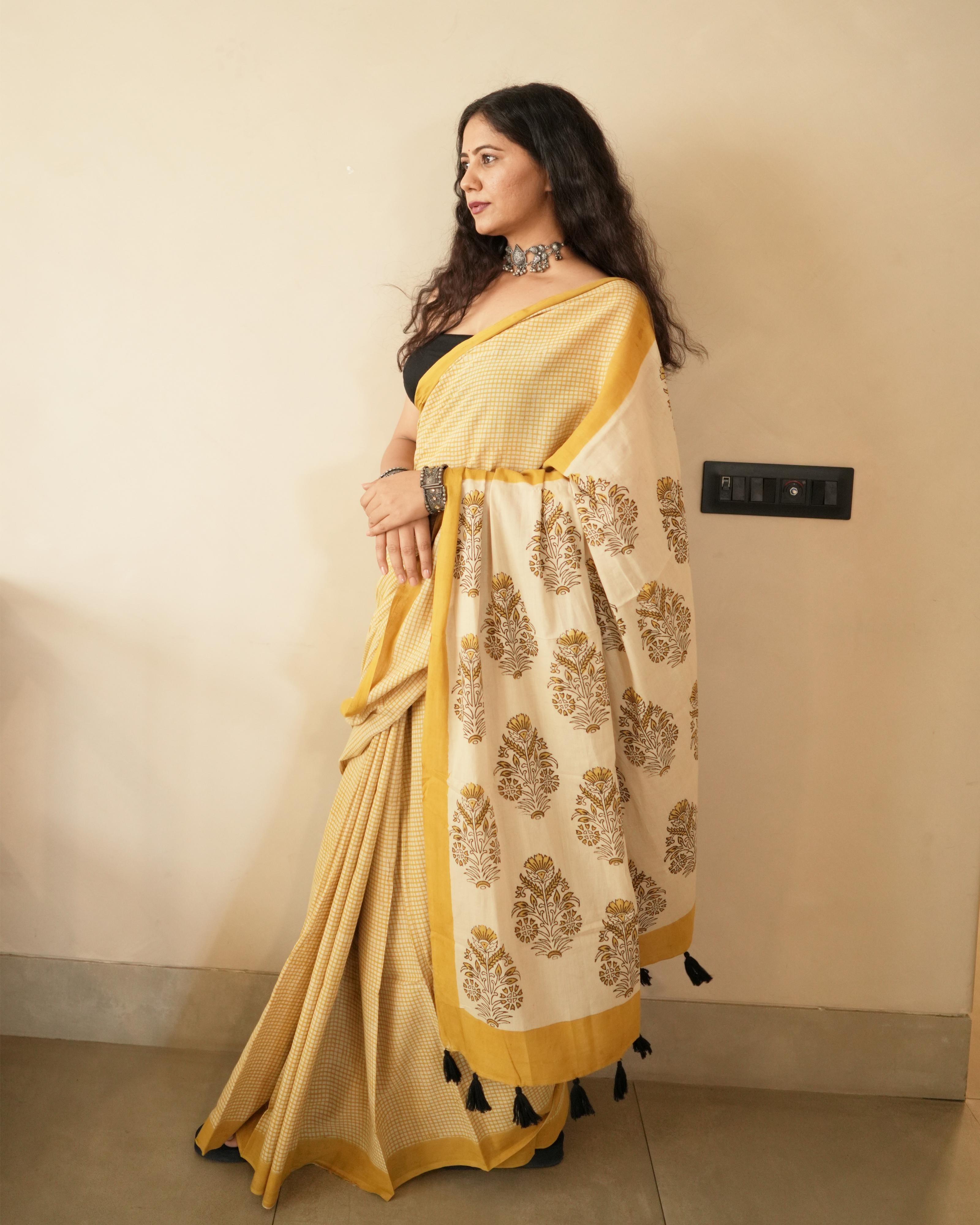 Mustard Checks Bagru Printed Mul Saree with Tassels