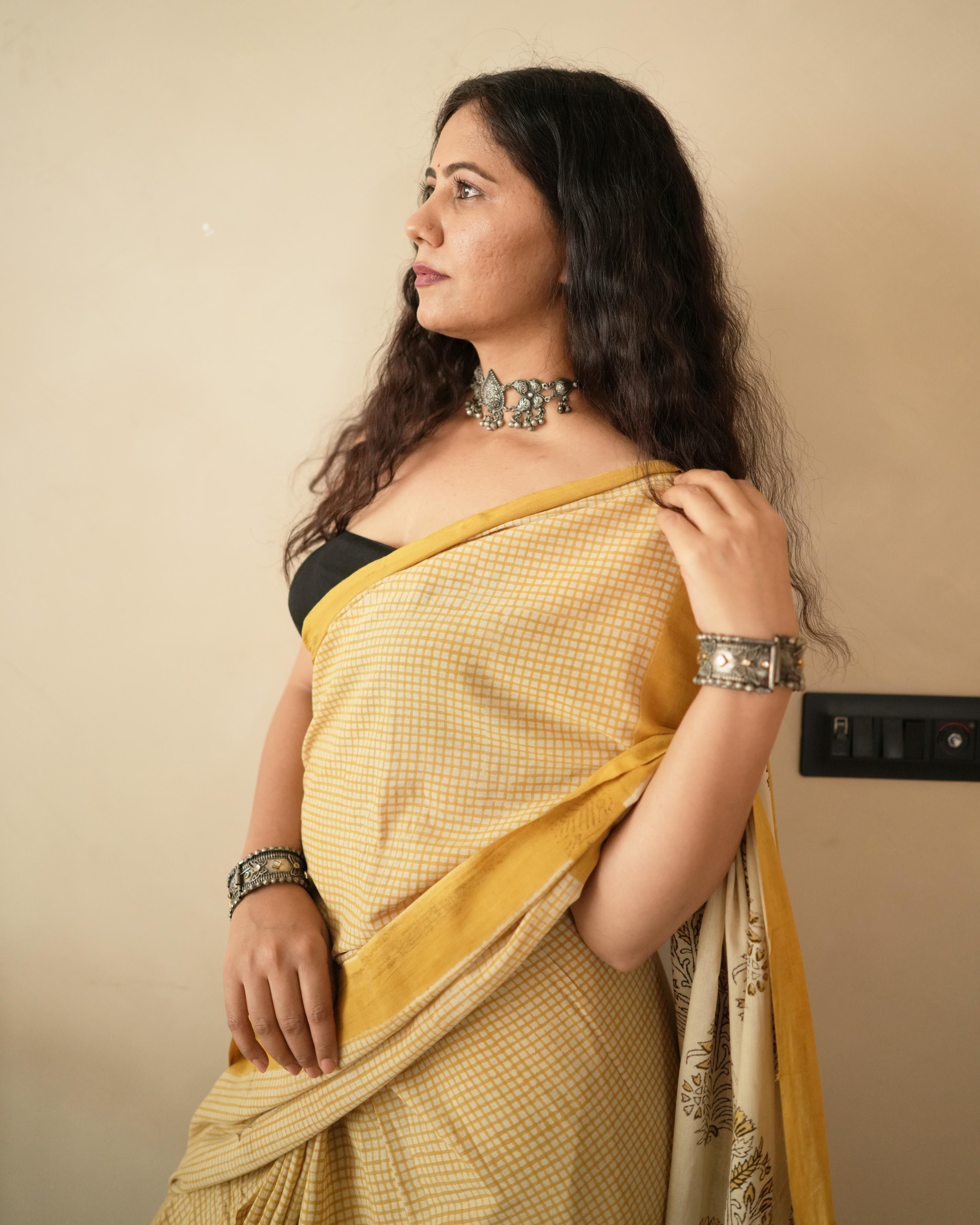 Mustard Checks Bagru Printed Mul Saree with Tassels