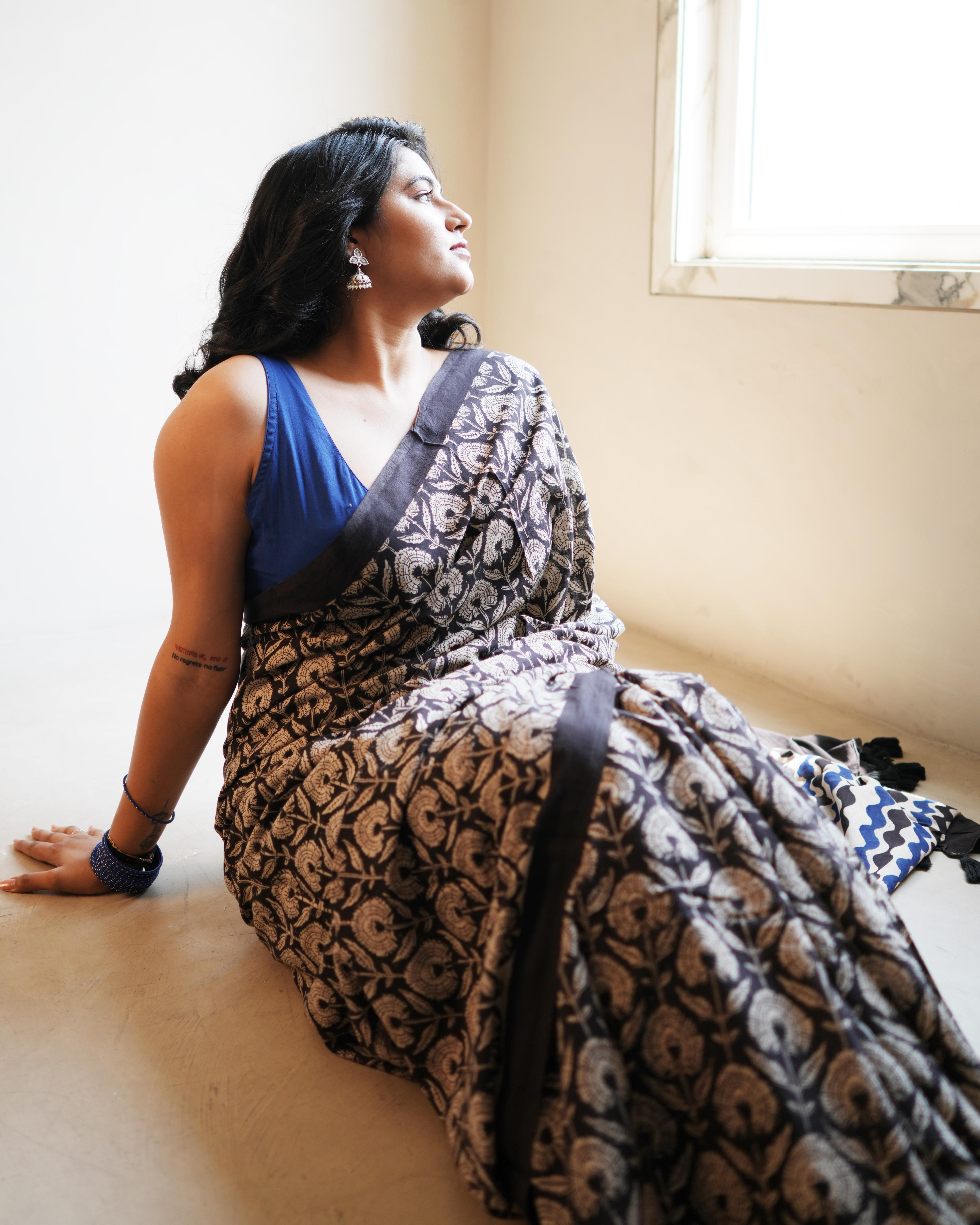 Black Jaal Bagru Printed Mul Saree with Tassels