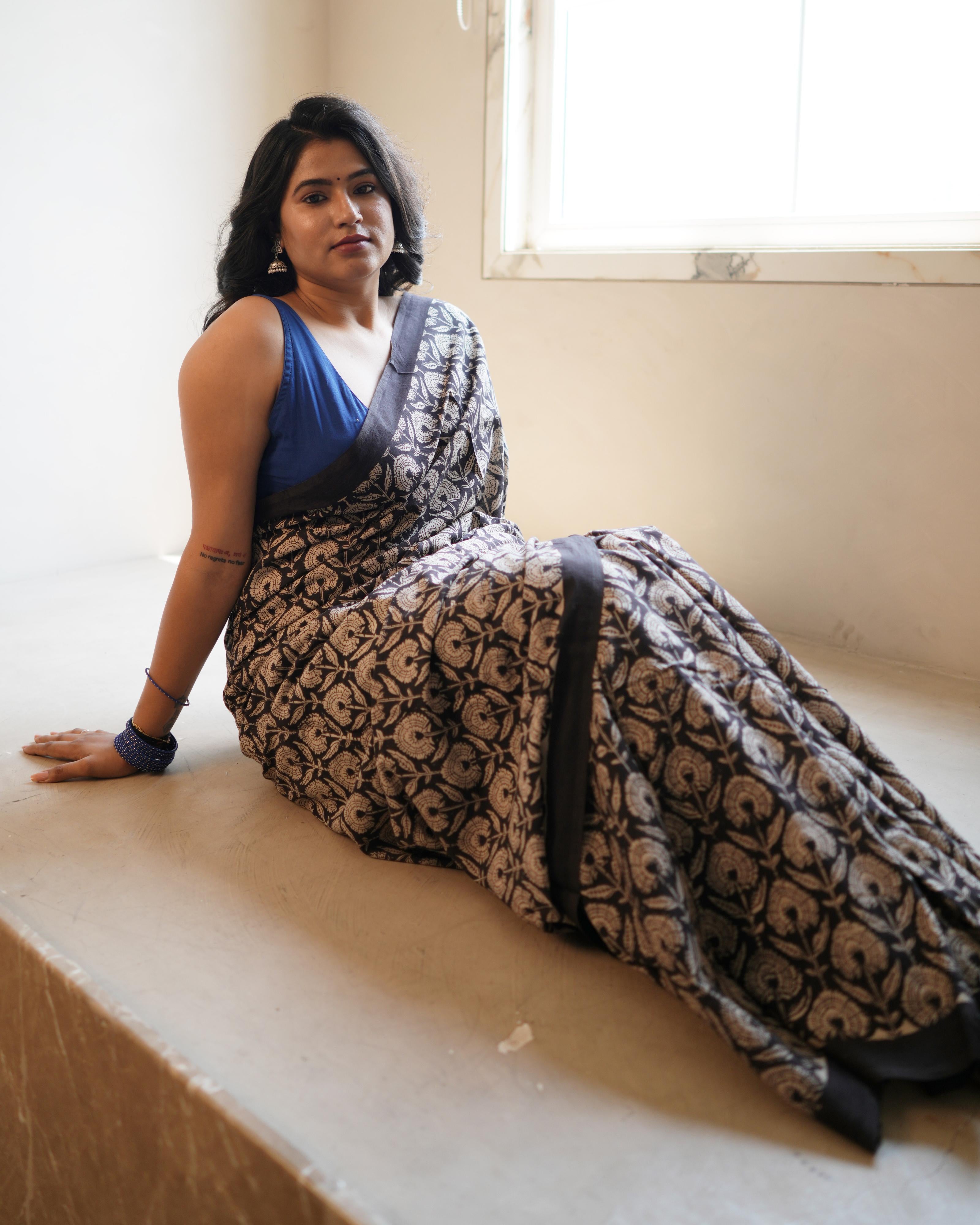 Black Jaal Bagru Printed Mul Saree with Tassels
