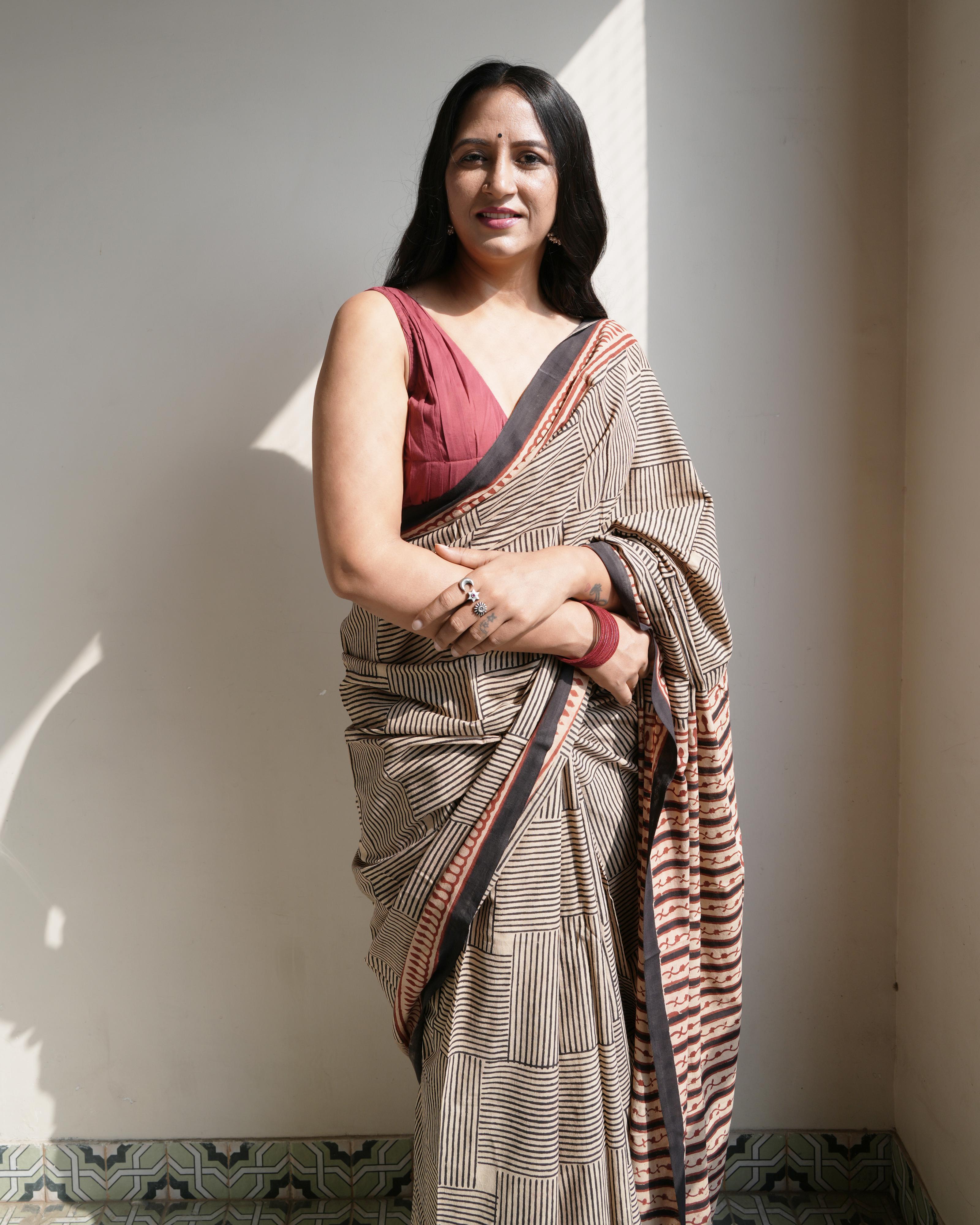 Black Silli Bagru Print Mul Saree with Tassels