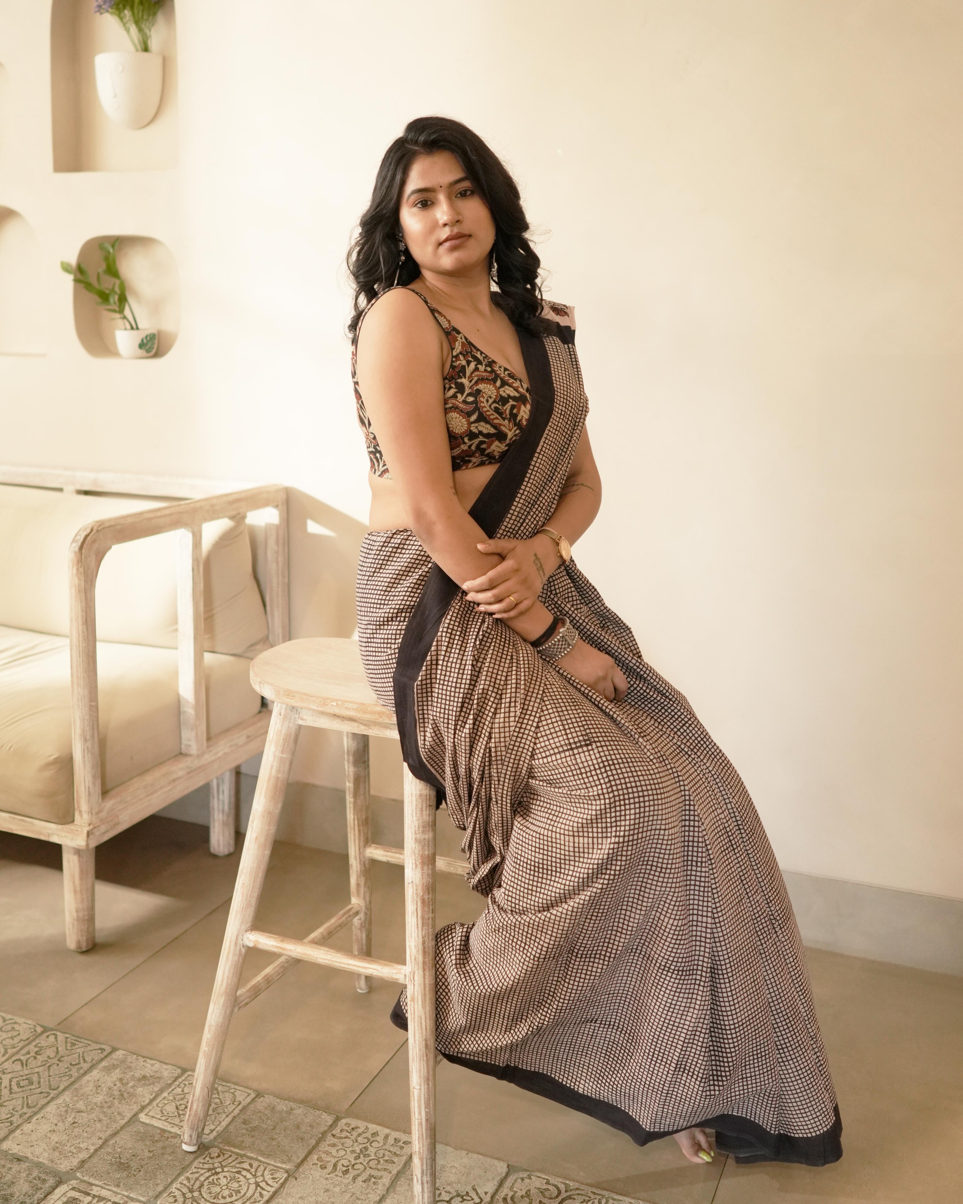 Black Bagru Checks Printed Mul Saree with Tassels