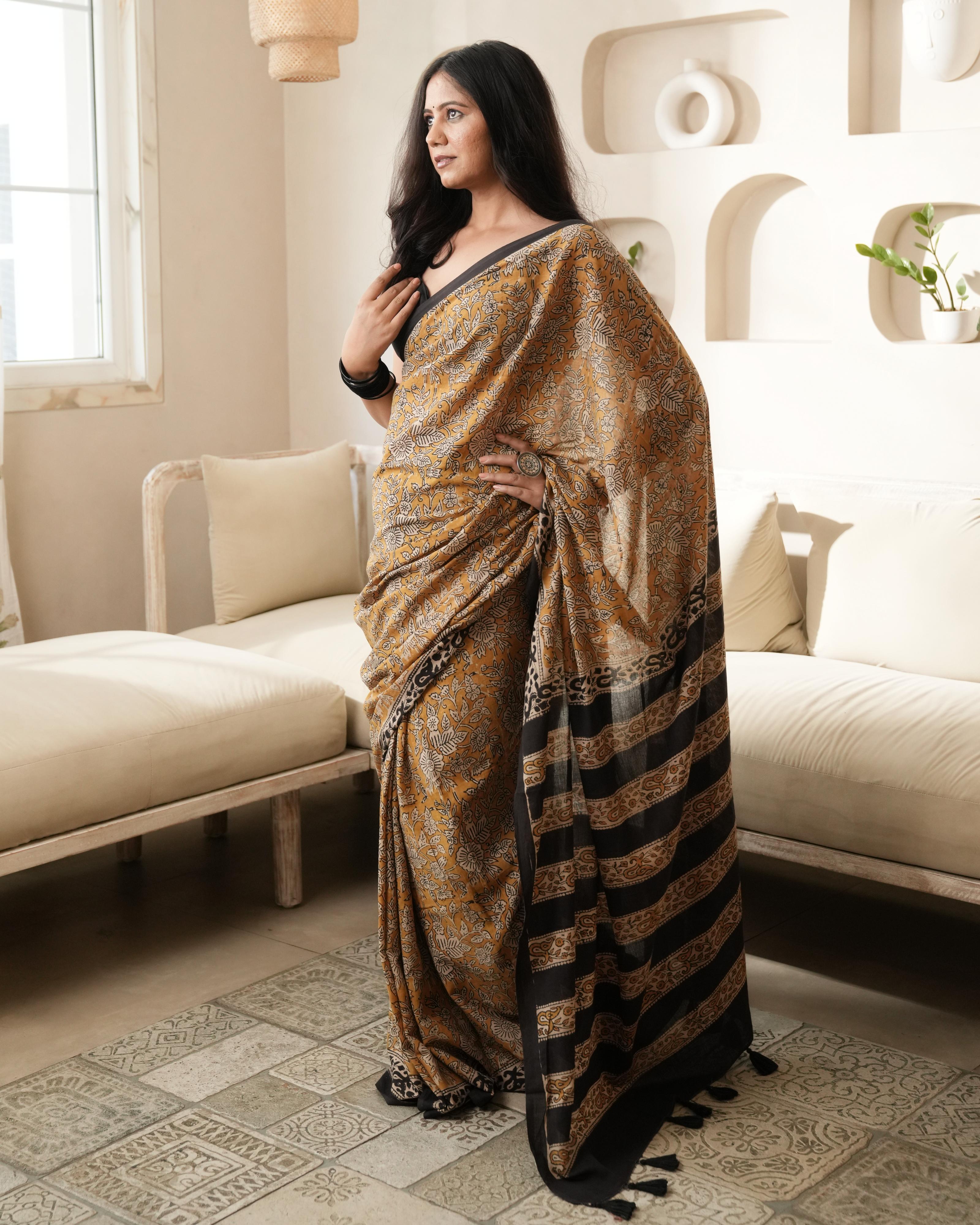 Mustard & Black Bagru Jaal Printed Mul Saree