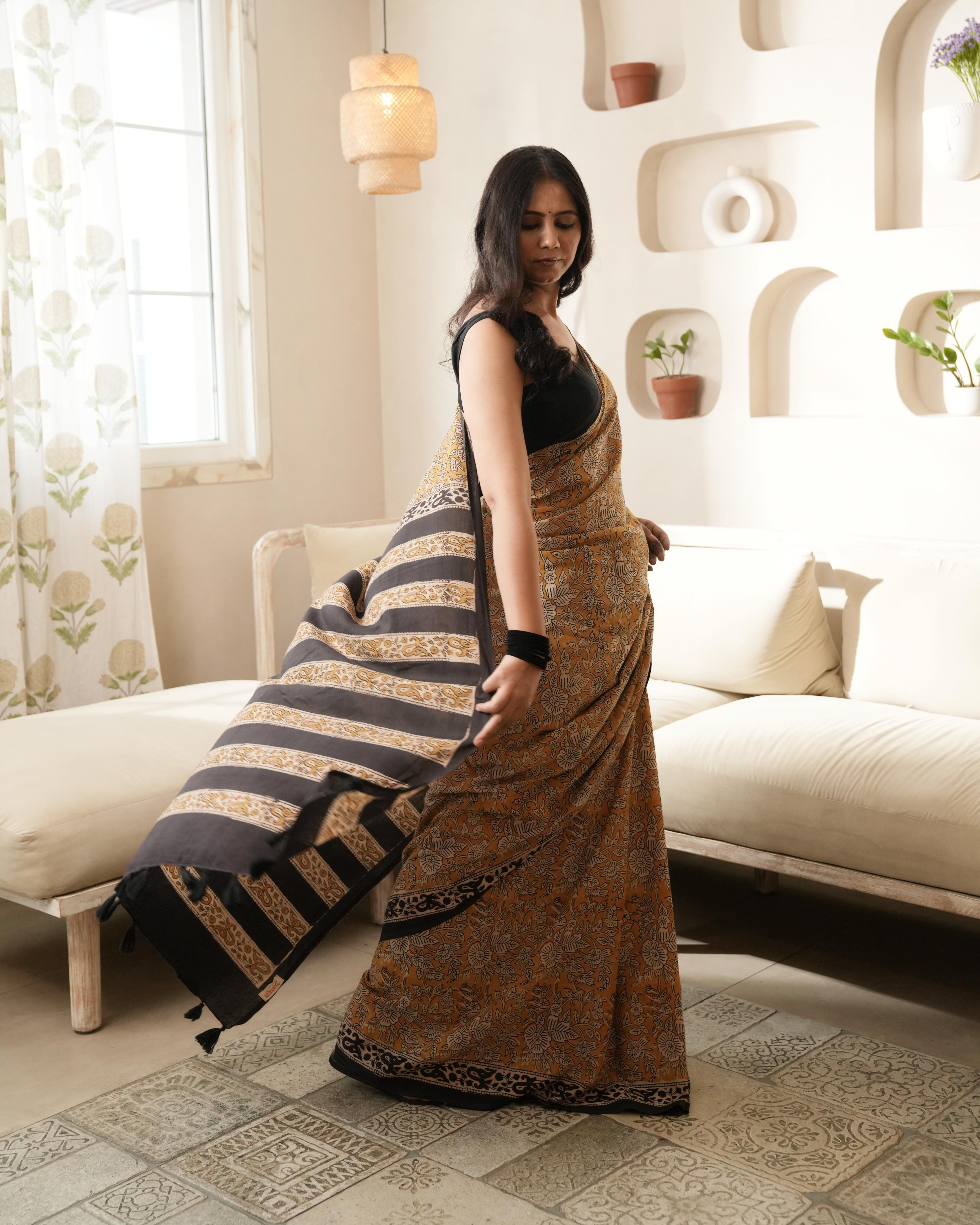 Mustard & Black Bagru Jaal Printed Mul Saree