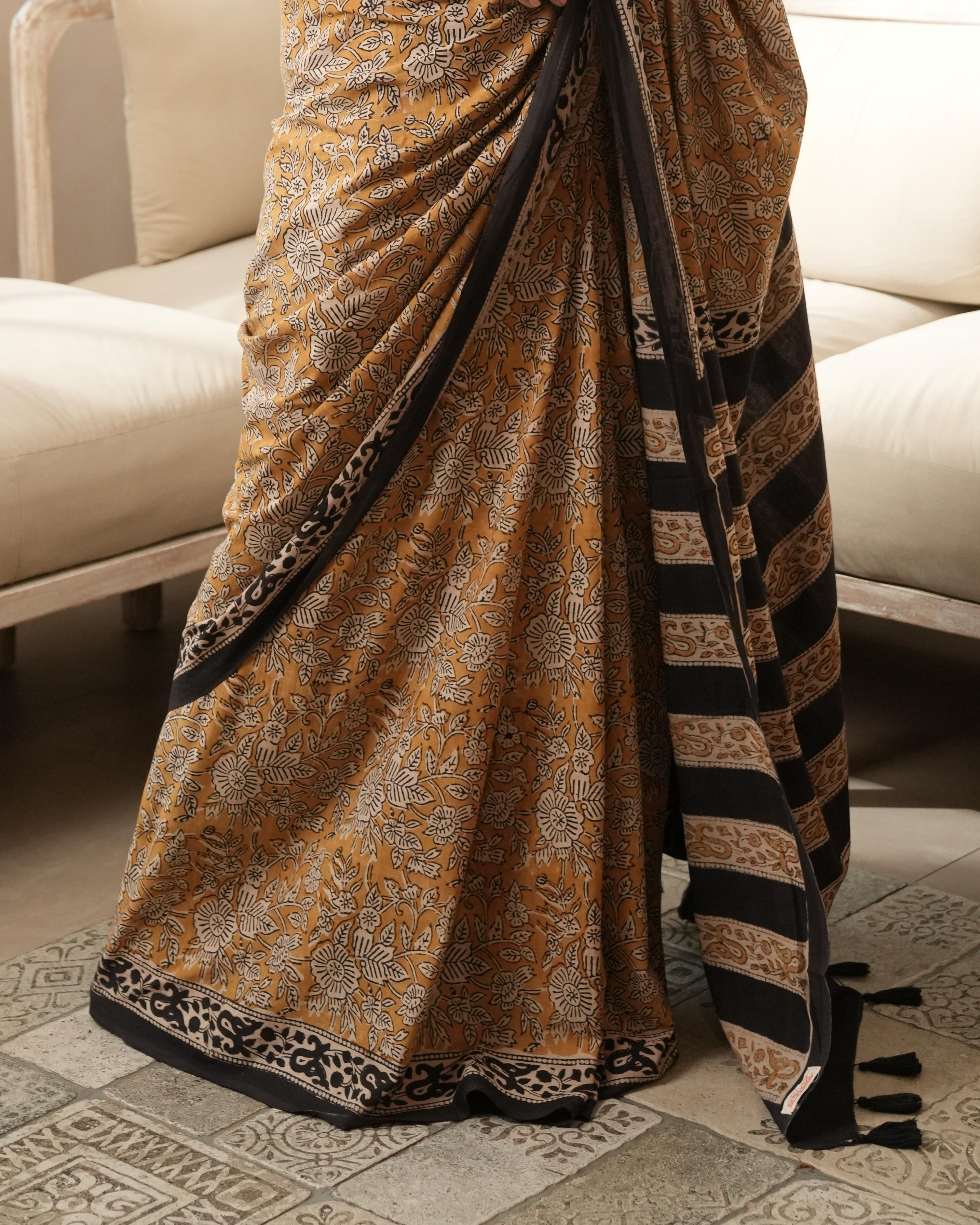 Mustard & Black Bagru Jaal Printed Mul Saree