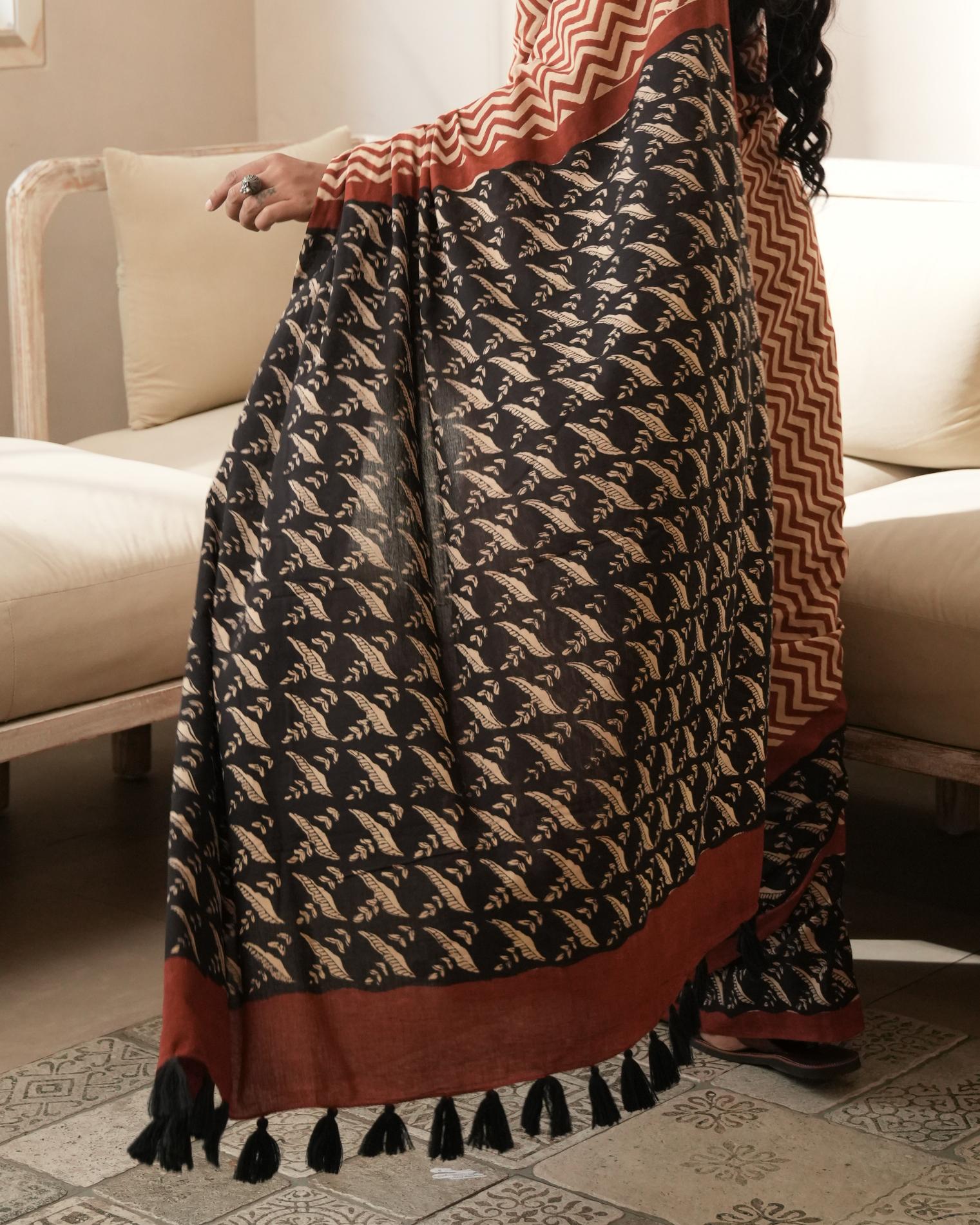 Bagru Red Zigzag Print Mul Cotton Saree