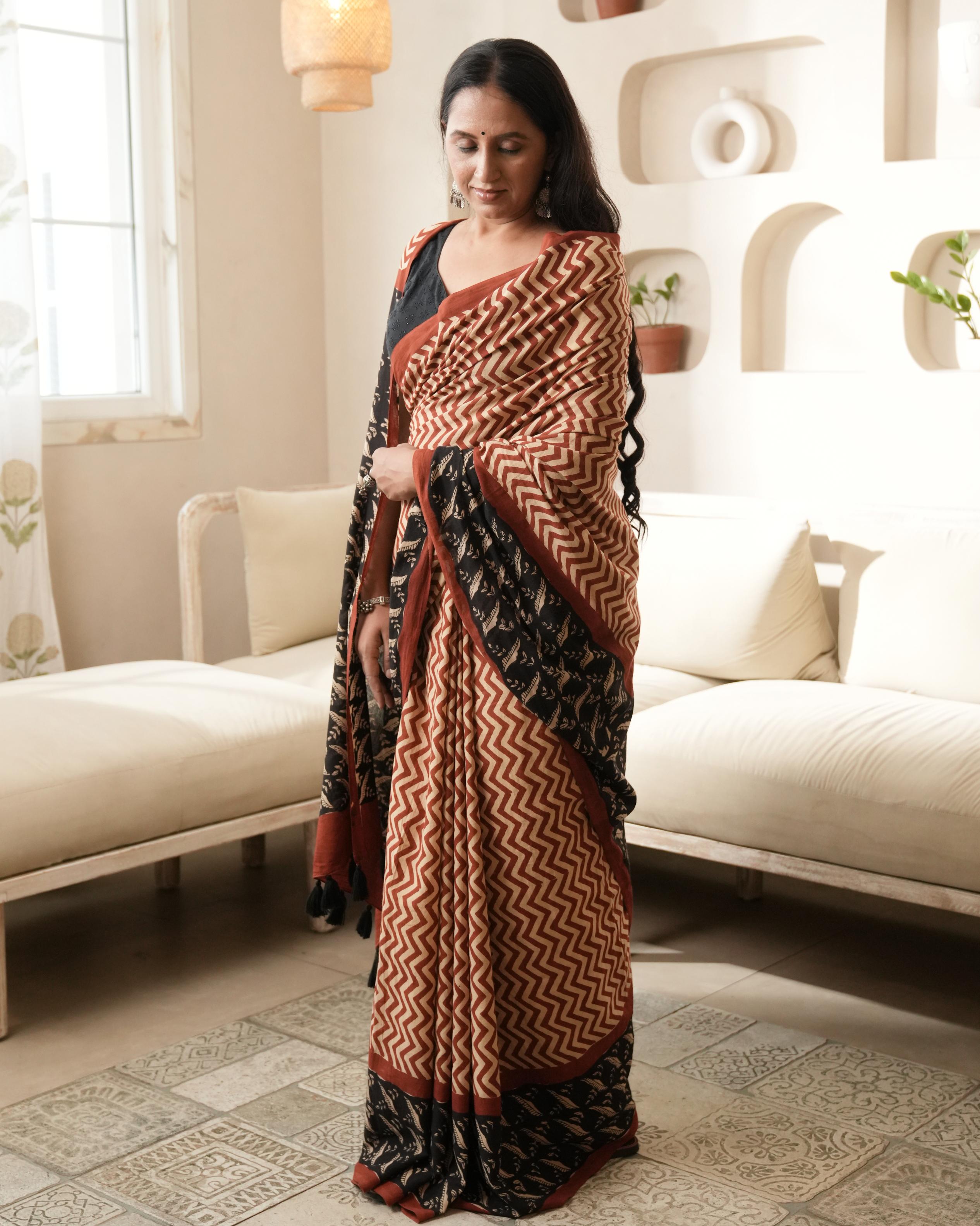 Bagru Red Zigzag Print Mul Cotton Saree