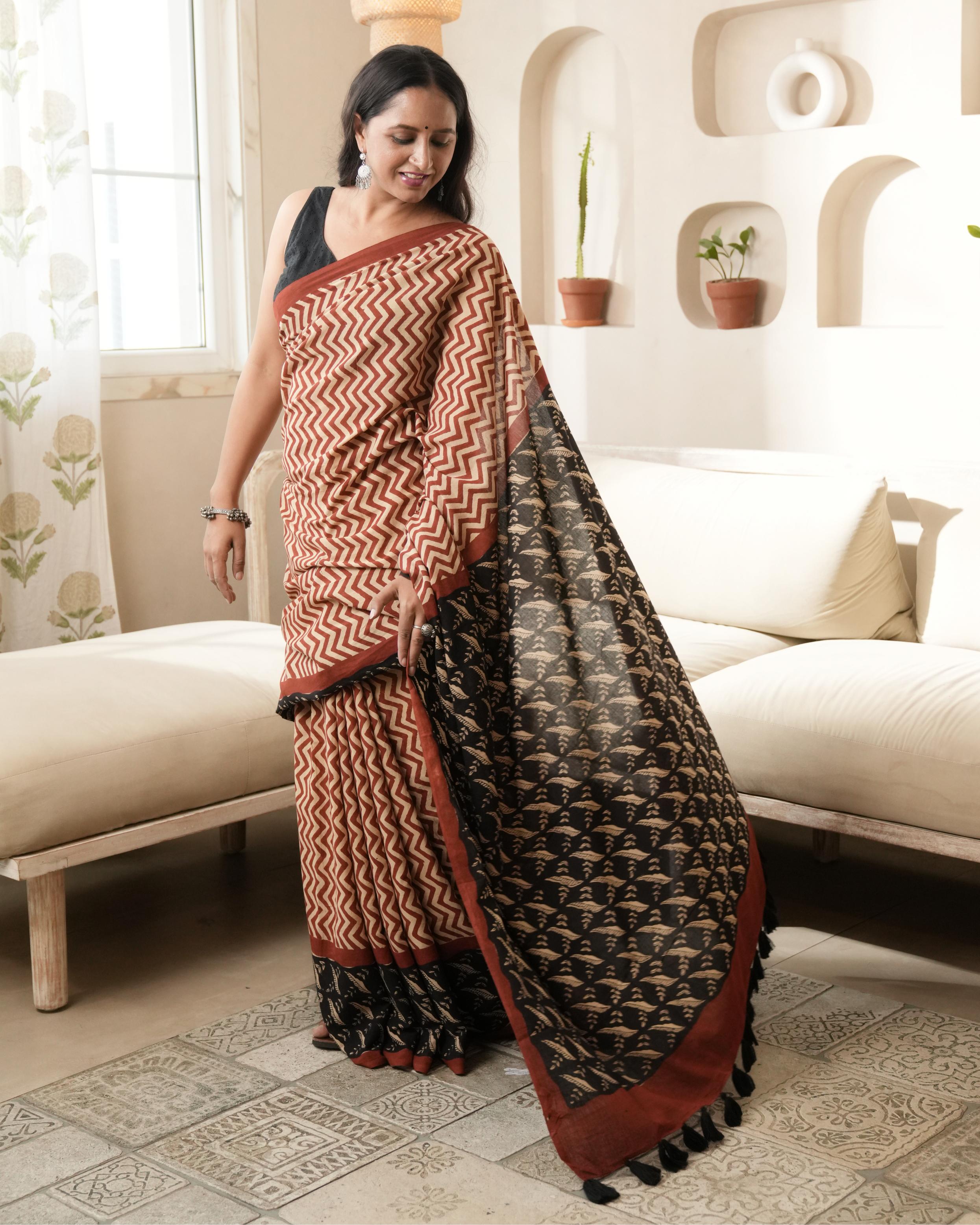 Bagru Red Zigzag Print Mul Cotton Saree