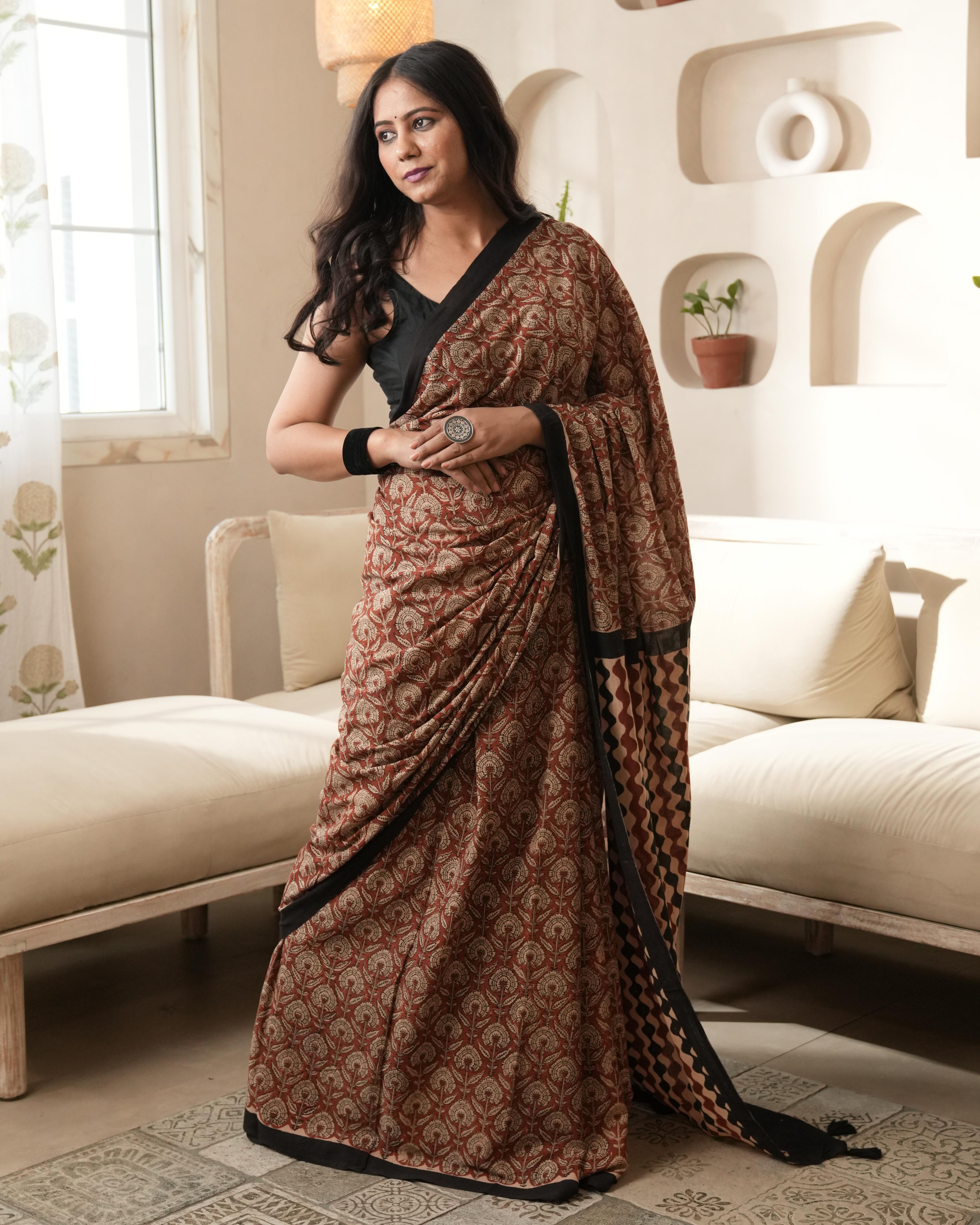 Red Bagru Jaal Print Mul Cotton Saree