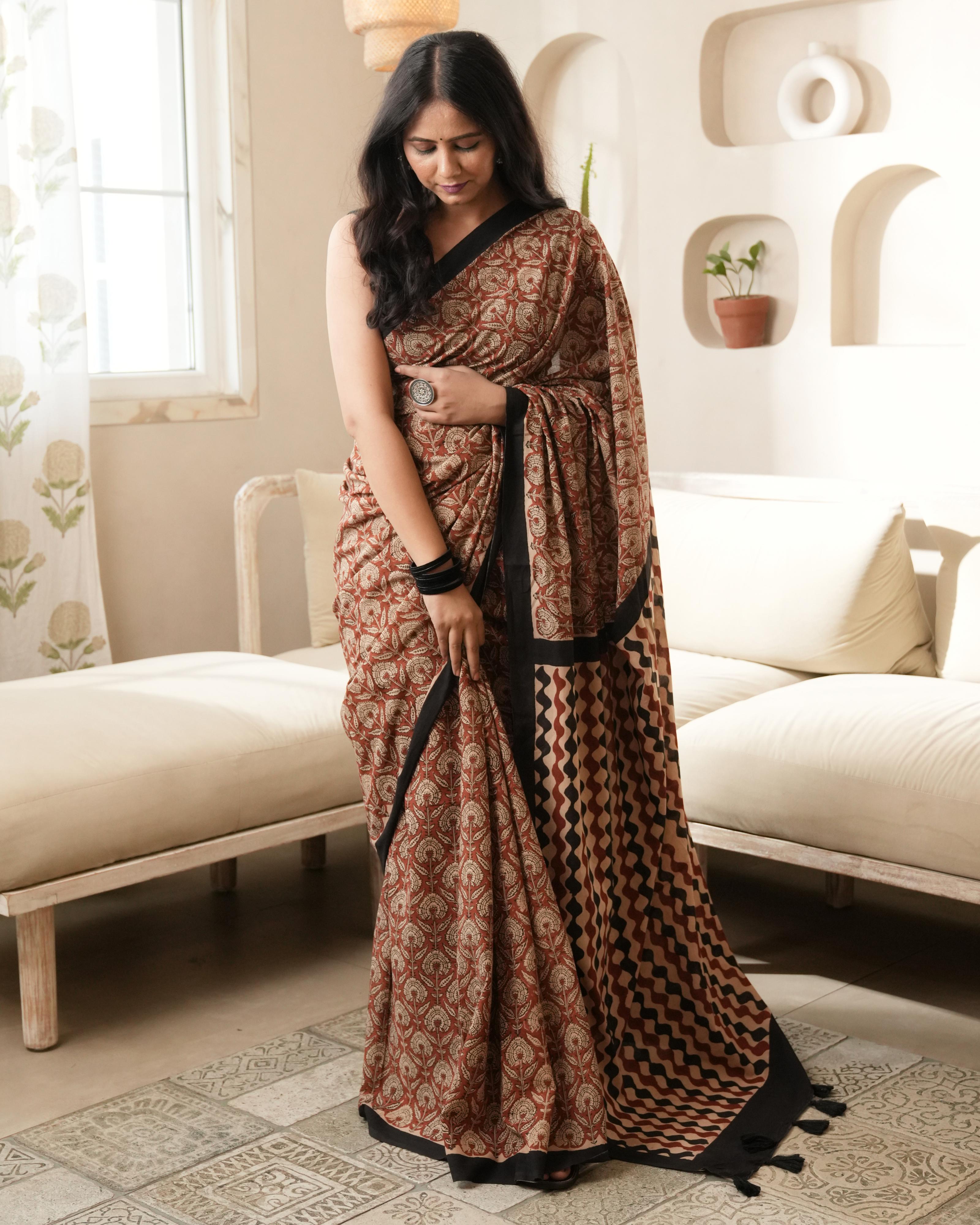 Red Bagru Jaal Print Mul Cotton Saree