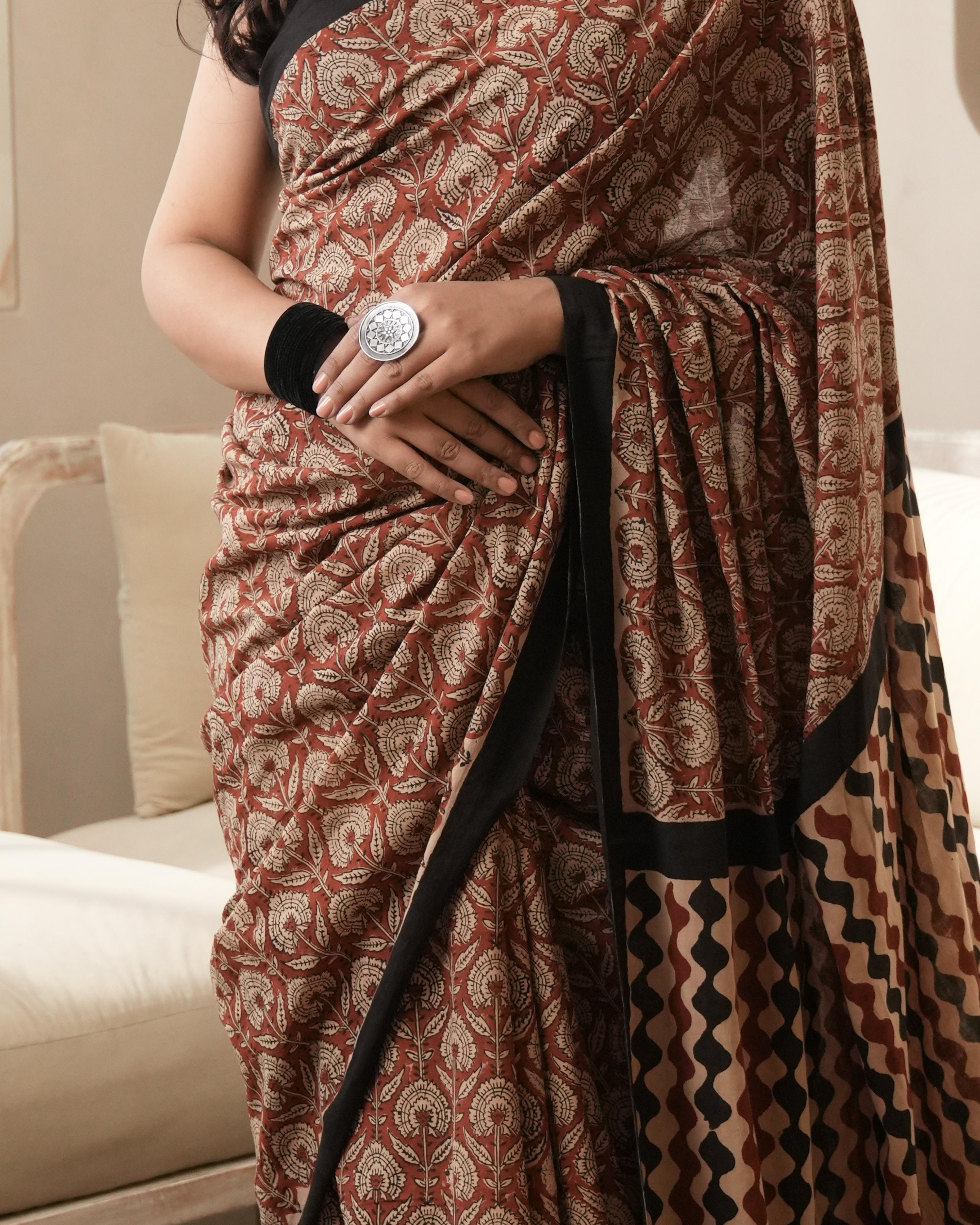 Red Bagru Jaal Print Mul Cotton Saree