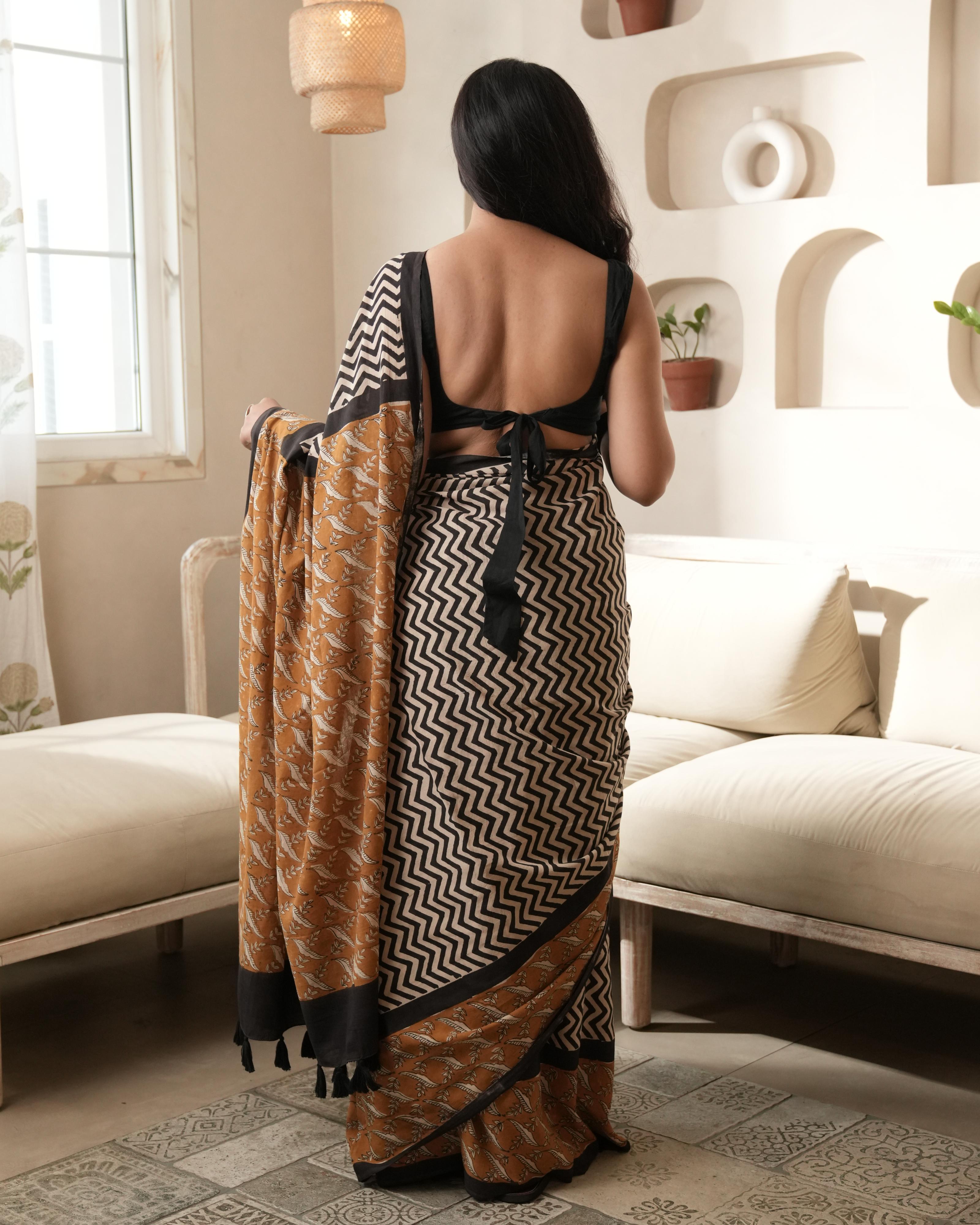 Black Bagru Zigzag Print Mul Cotton Saree