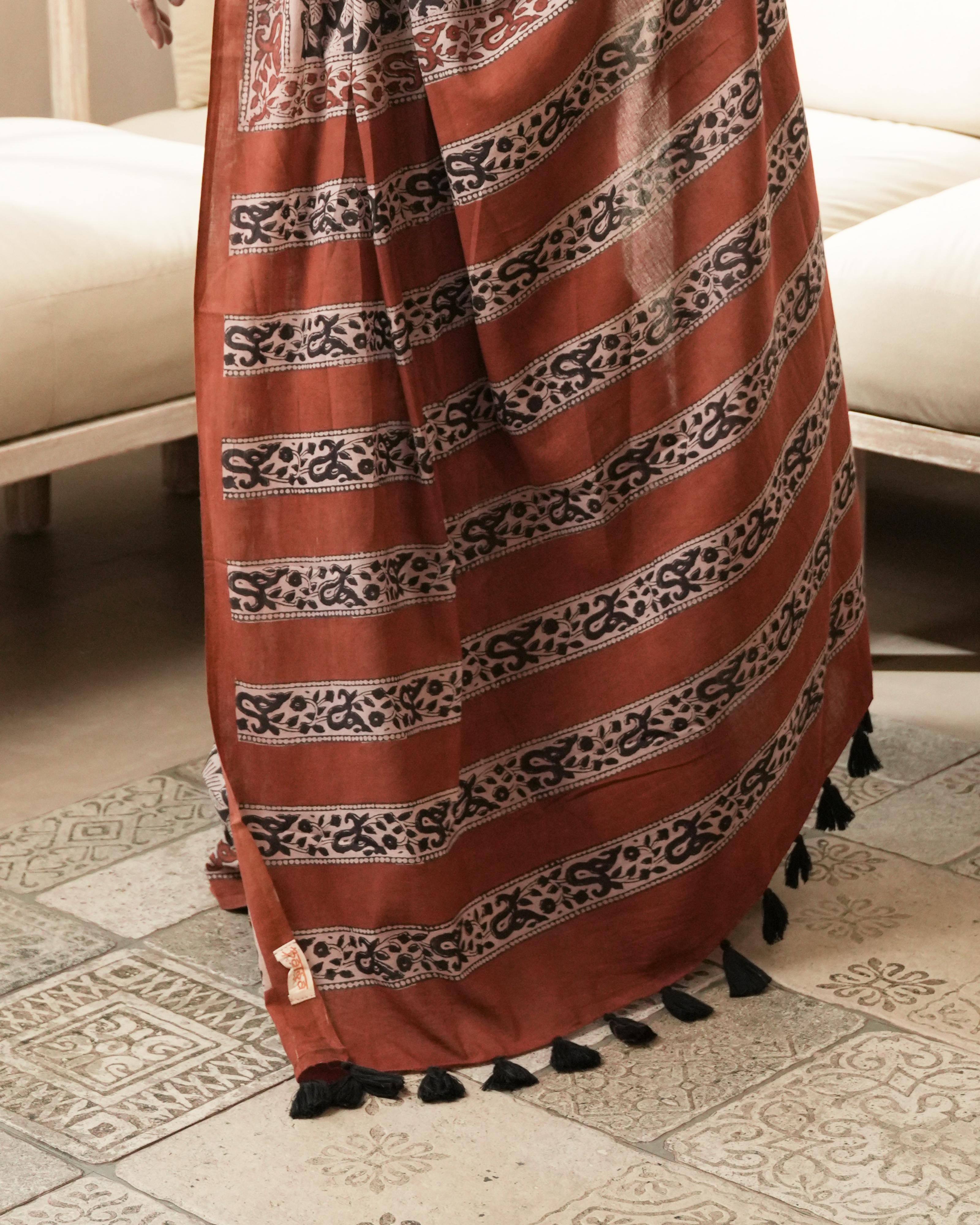 Black Jaal Bagru Print Mul Cotton Saree