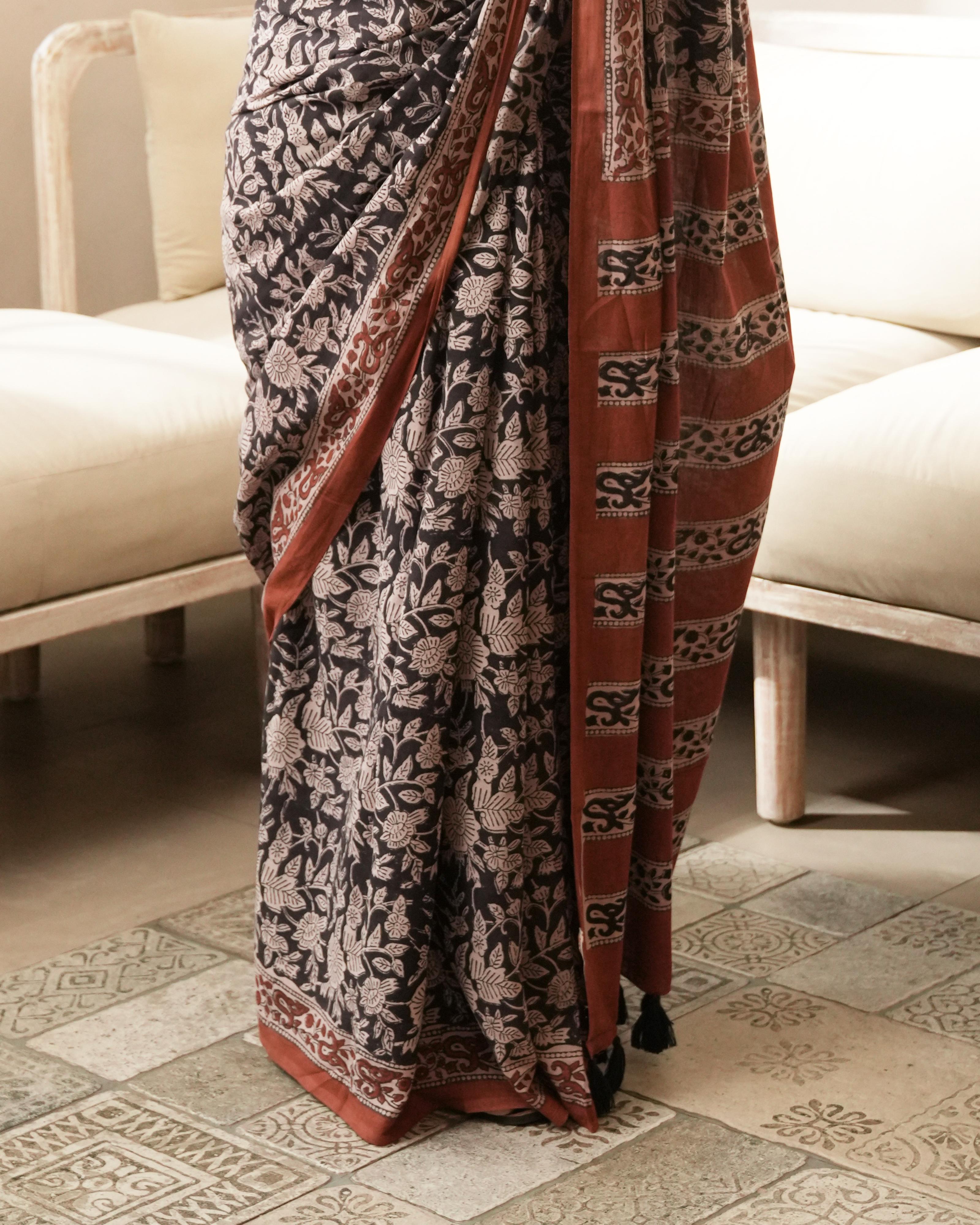 Black Jaal Bagru Print Mul Cotton Saree