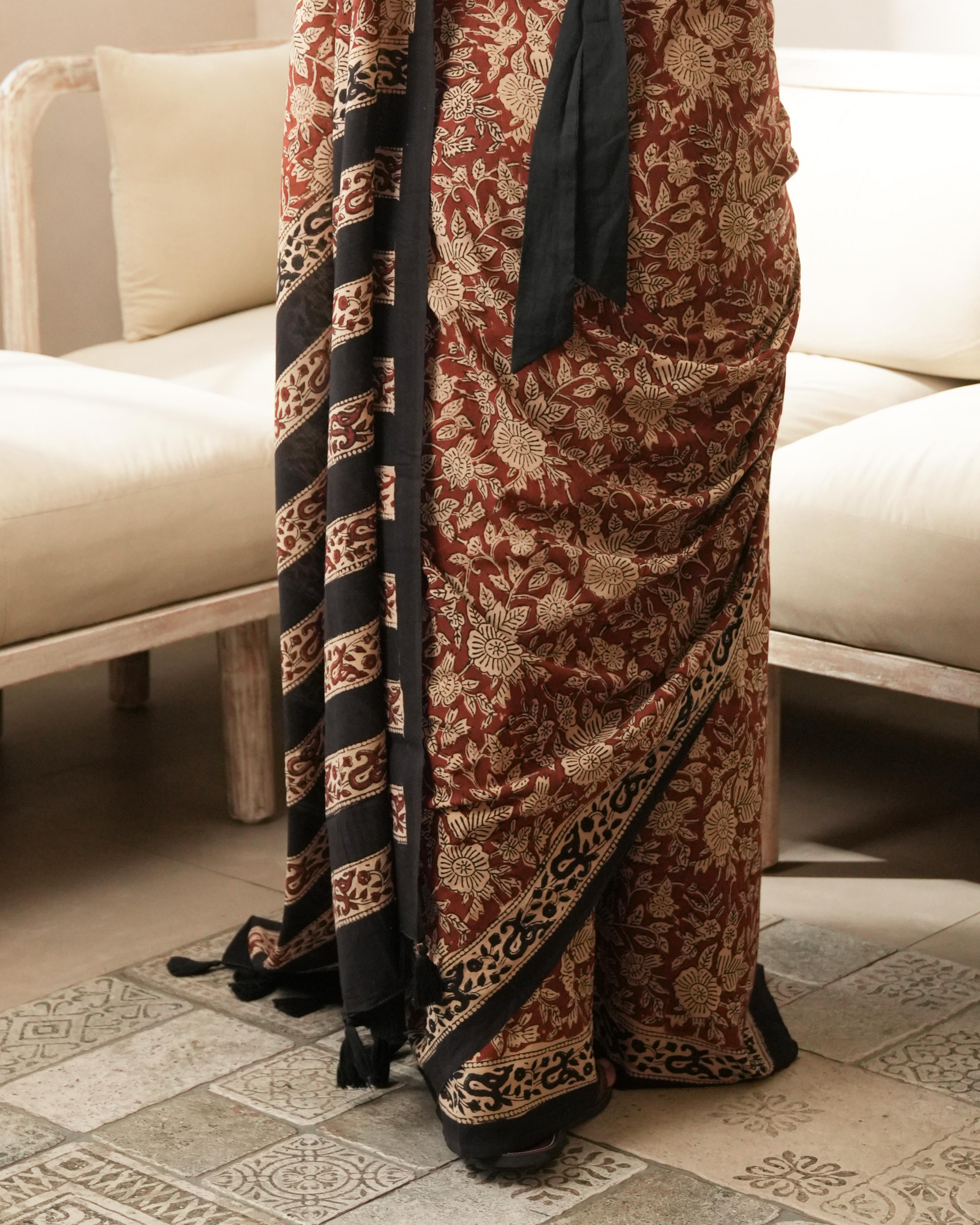 Red Floral Bagru Jaal Print Mul Cotton Saree