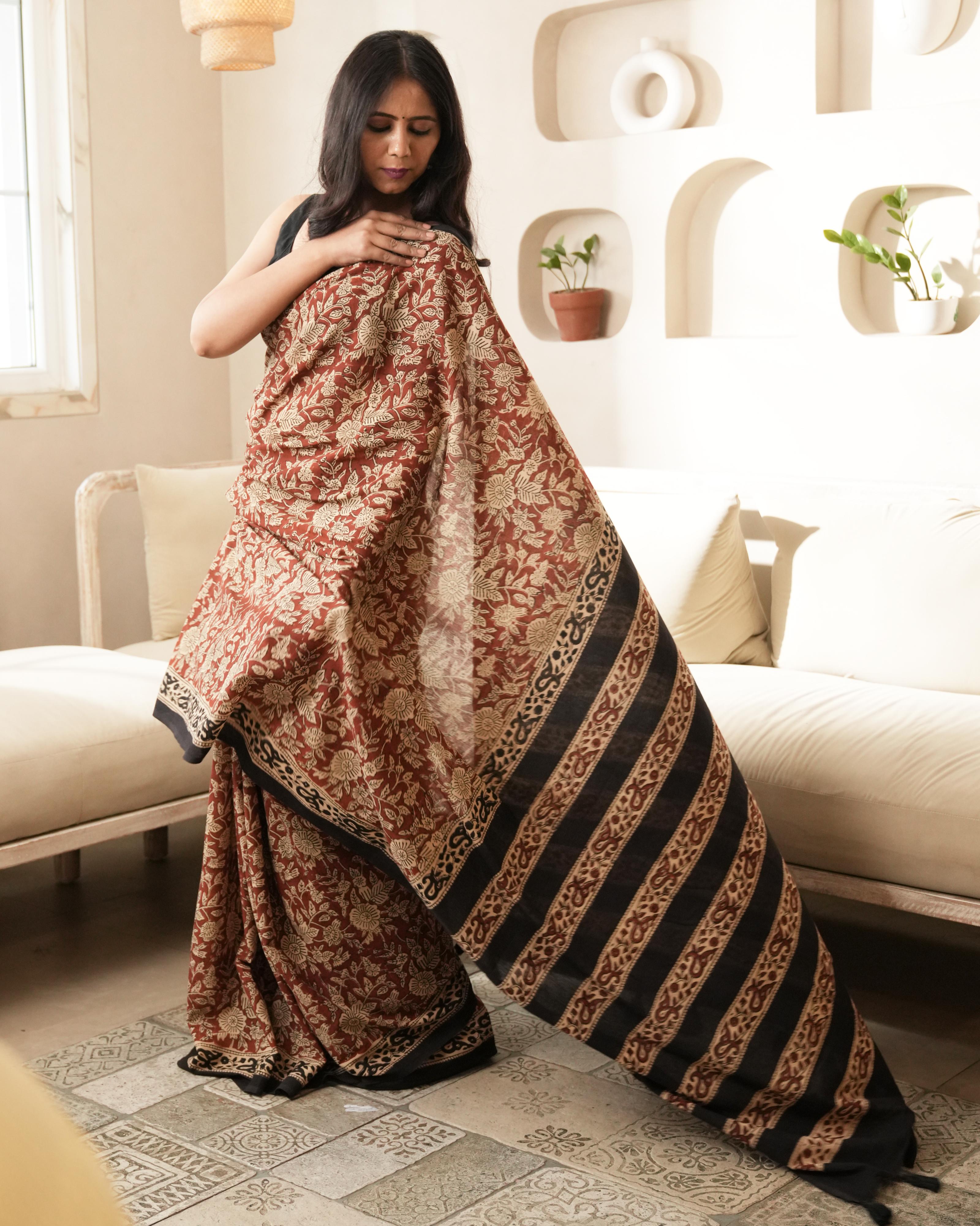 Red Floral Bagru Jaal Print Mul Cotton Saree