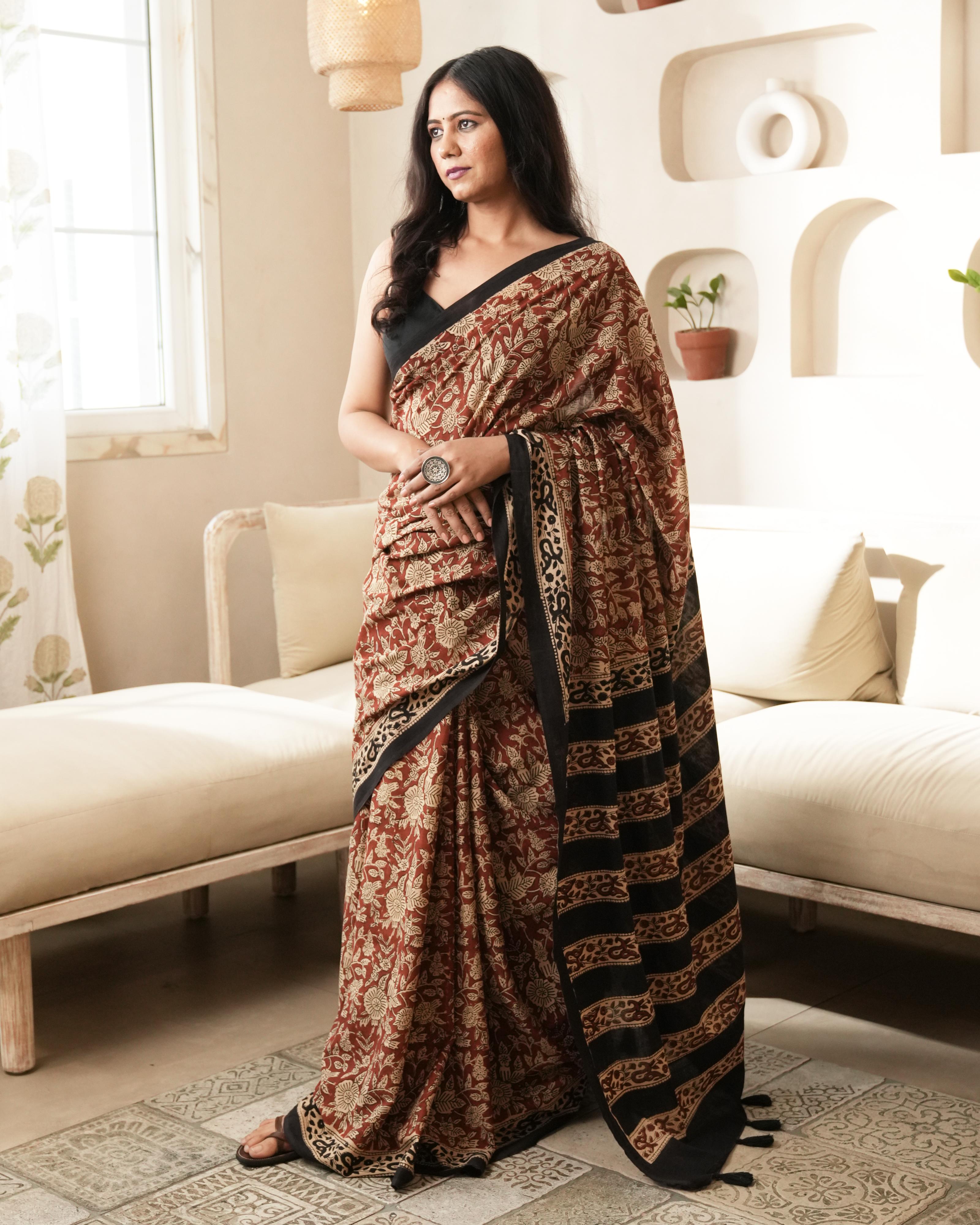 Red Floral Bagru Jaal Print Mul Cotton Saree