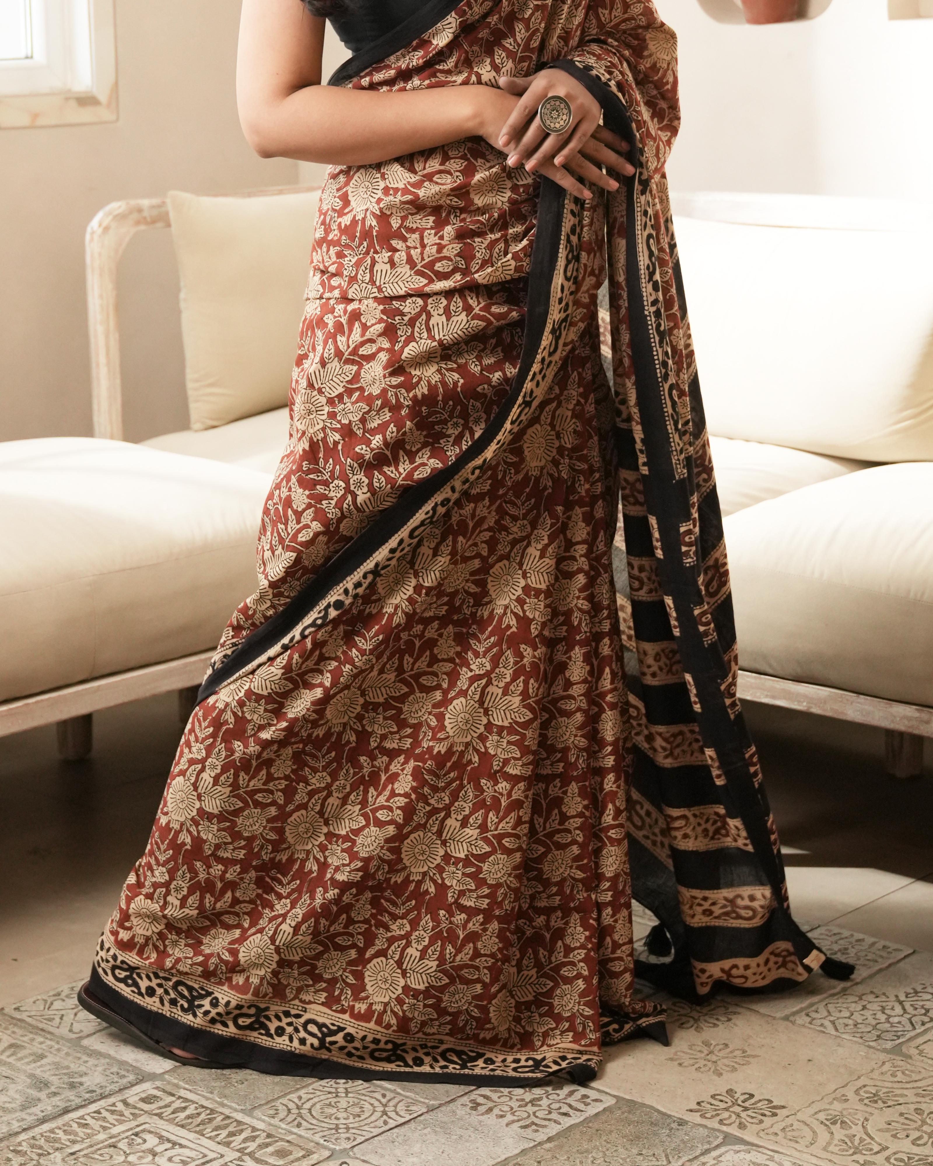 Red Floral Bagru Jaal Print Mul Cotton Saree