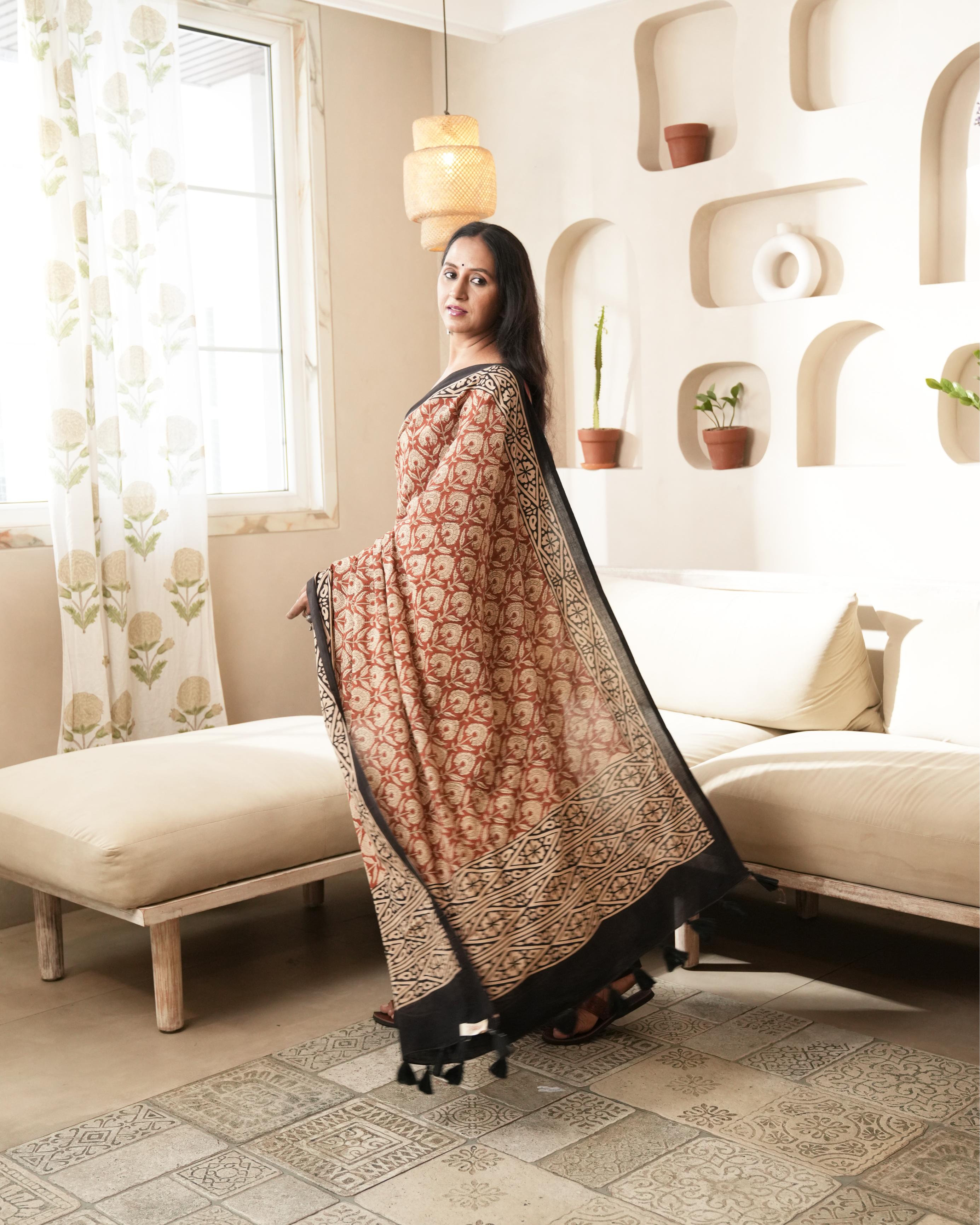 Black Dual Bagru Print Mul Cotton Saree