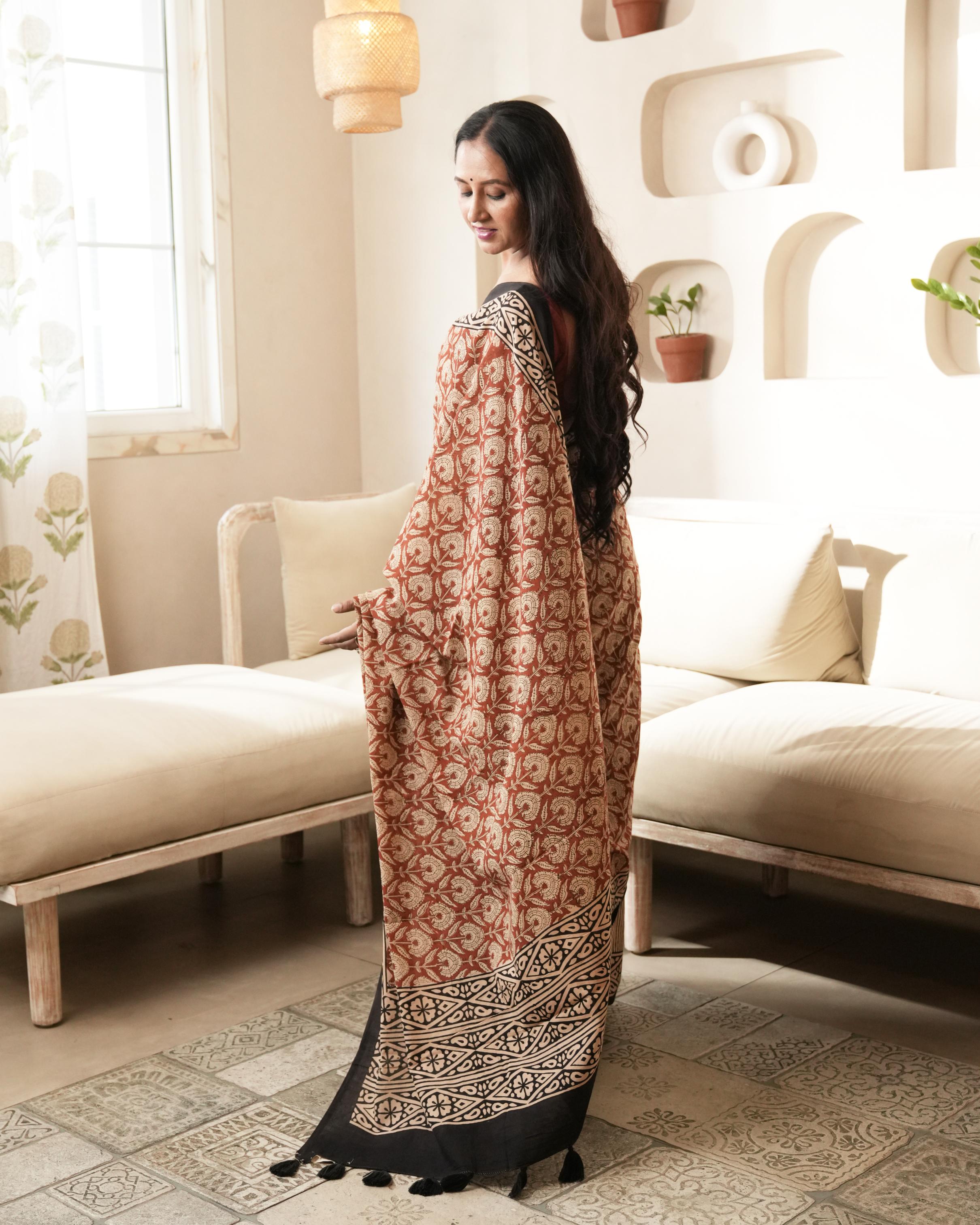 Black Dual Bagru Print Mul Cotton Saree