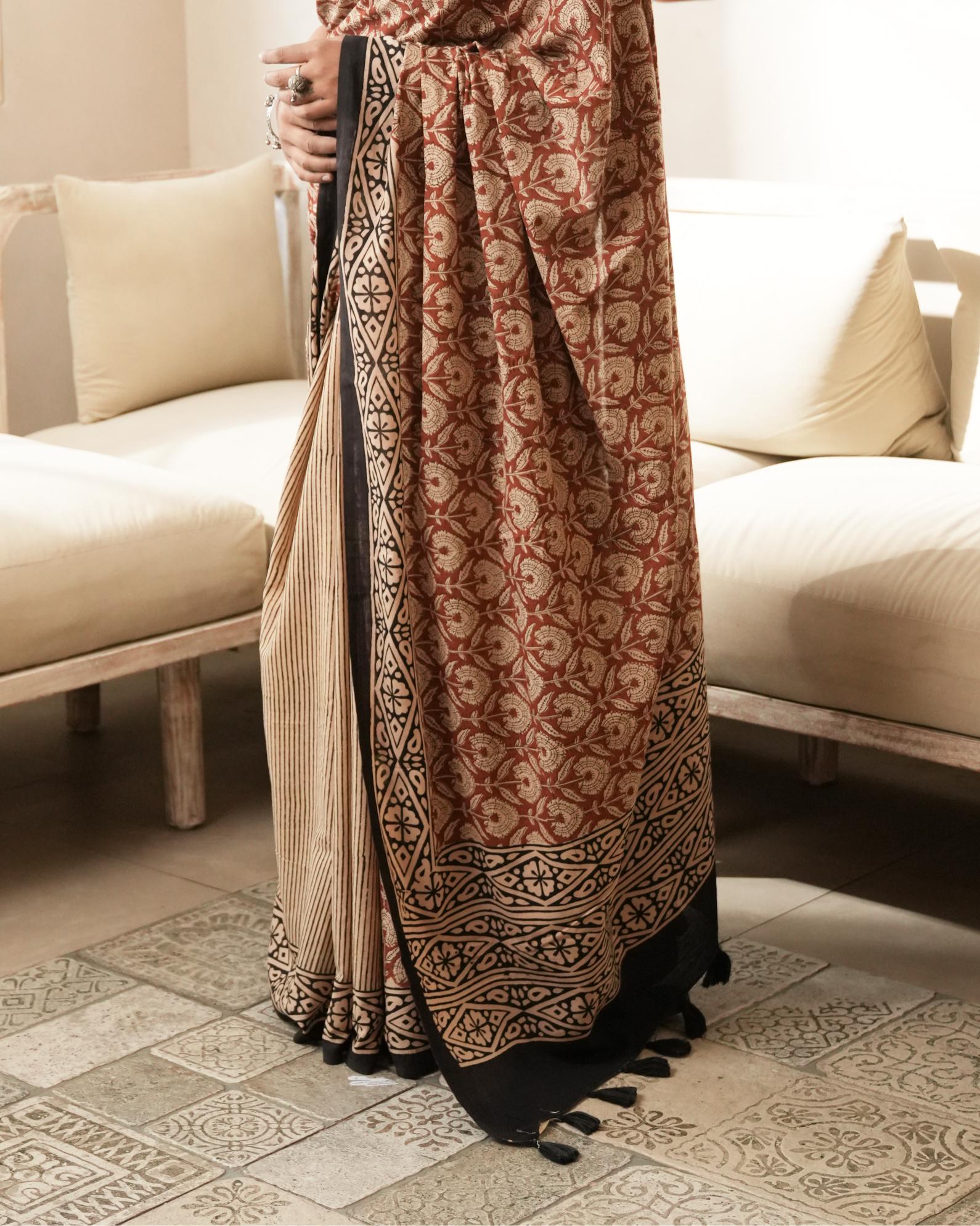 Black Dual Bagru Print Mul Cotton Saree