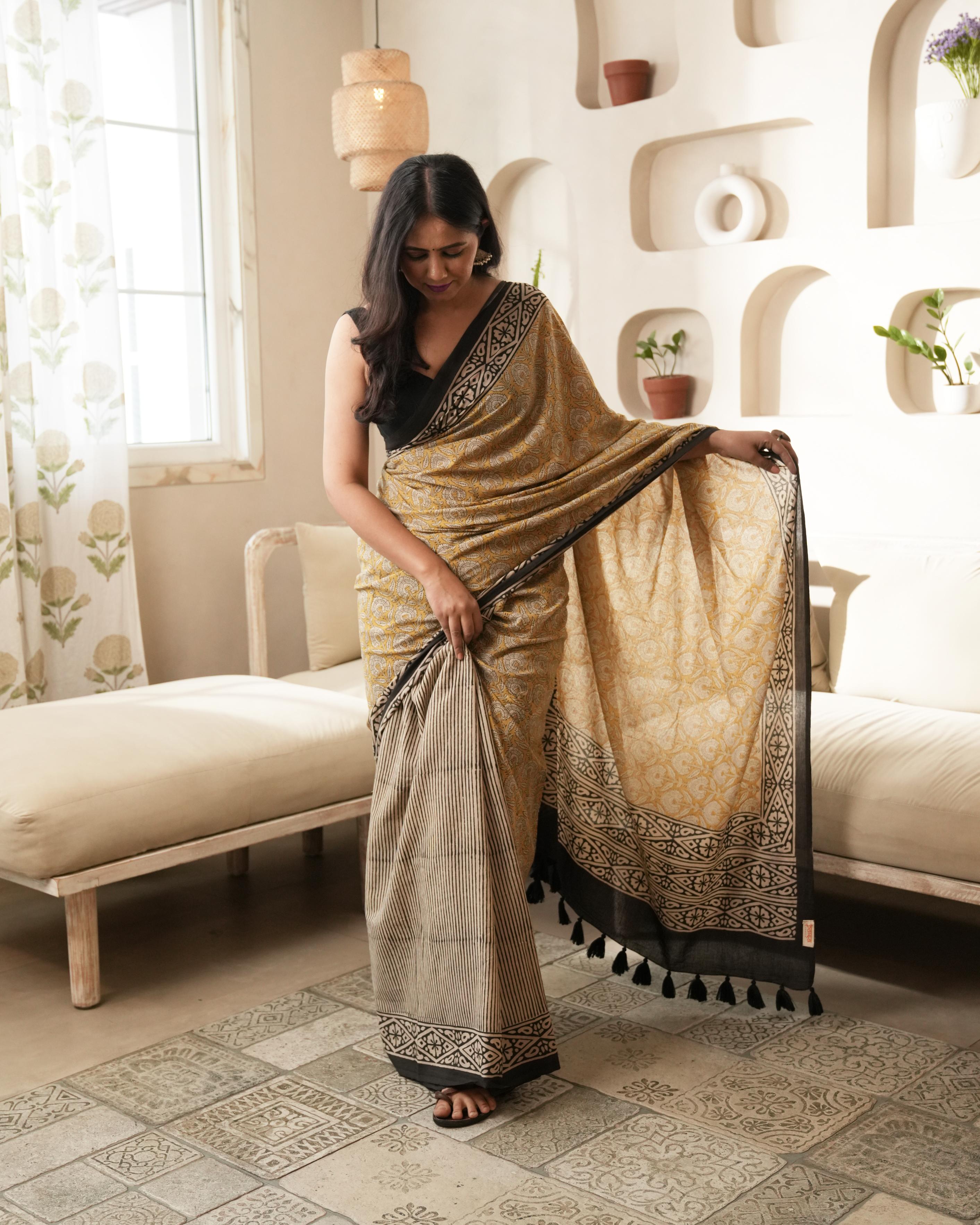 Mustard Dual Bagru Print Mul Cotton Saree