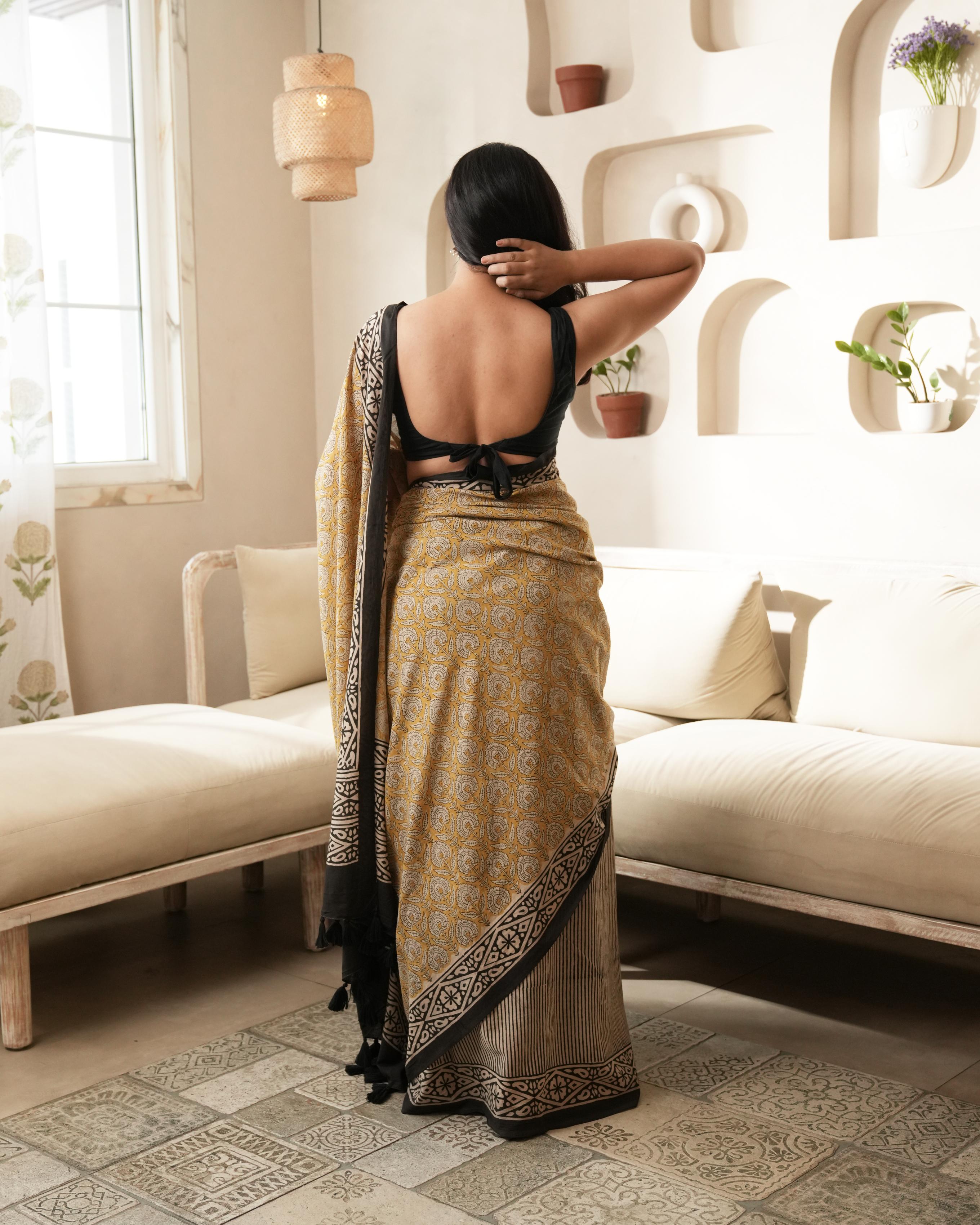 Mustard Dual Bagru Print Mul Cotton Saree