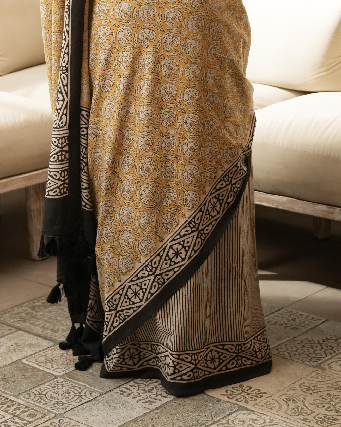 Mustard Dual Bagru Print Mul Cotton Saree
