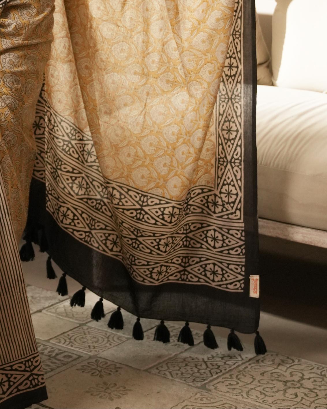 Mustard Dual Bagru Print Mul Cotton Saree