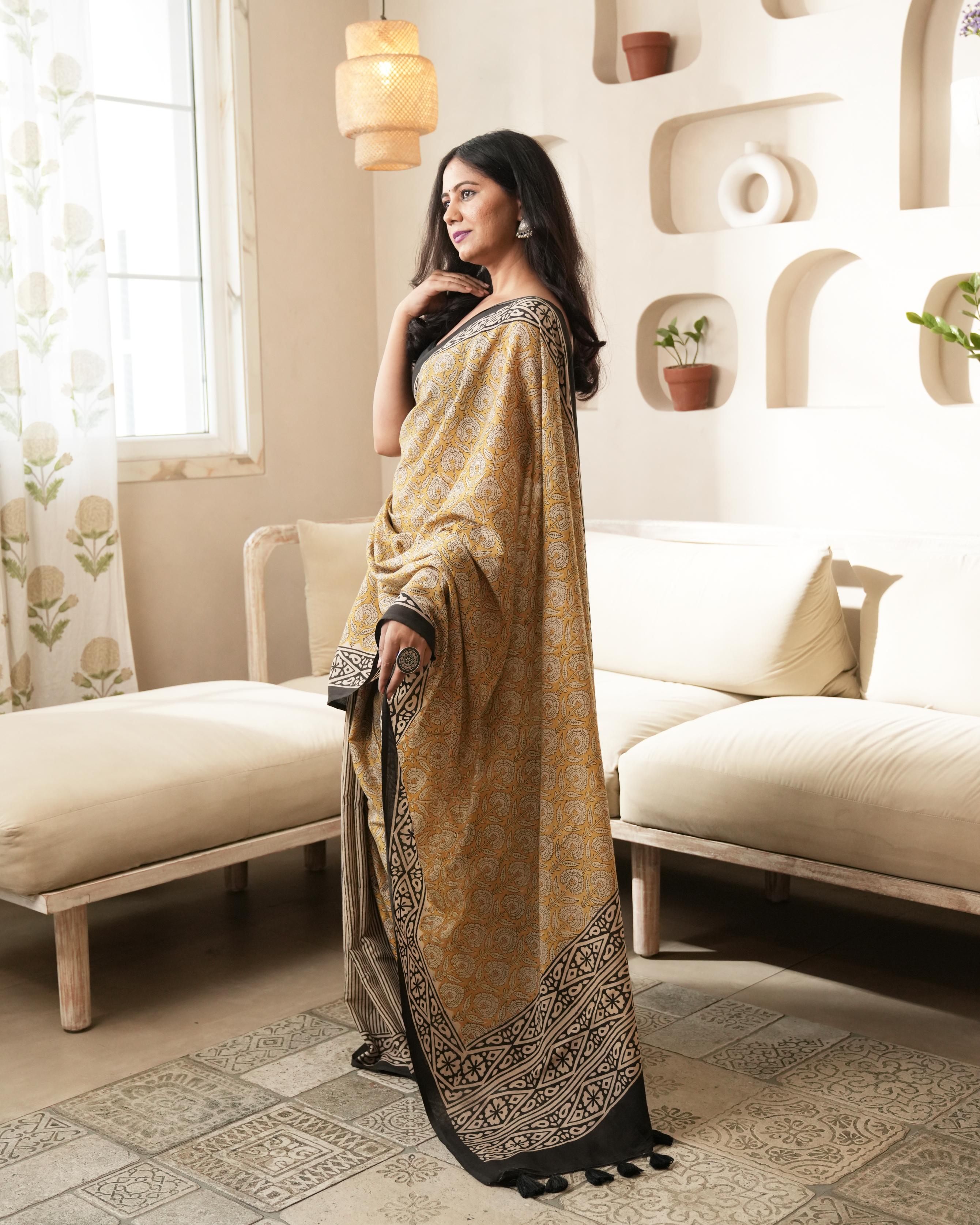 Mustard Dual Bagru Print Mul Cotton Saree