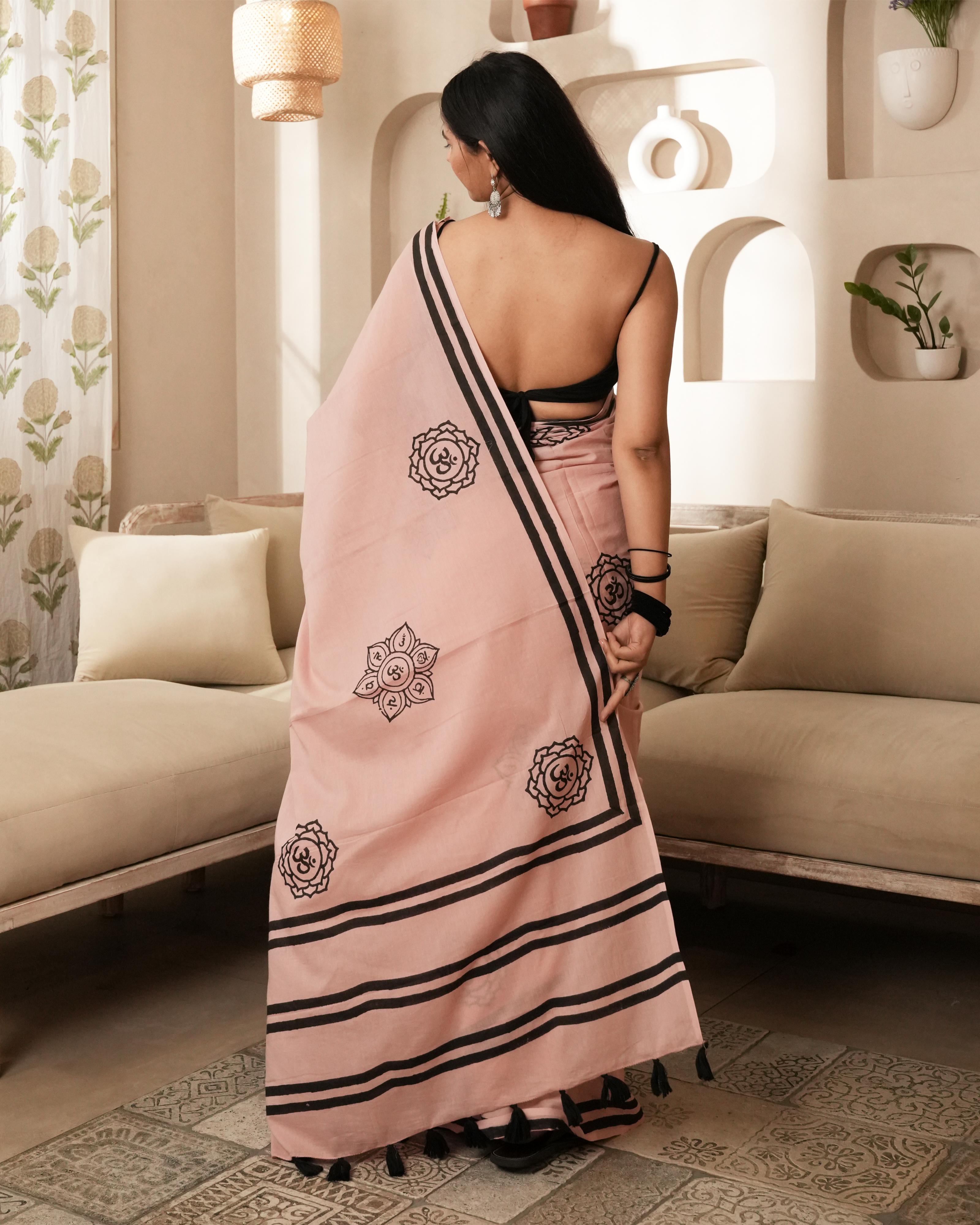 Coral Om Handblock Printed Mul Saree