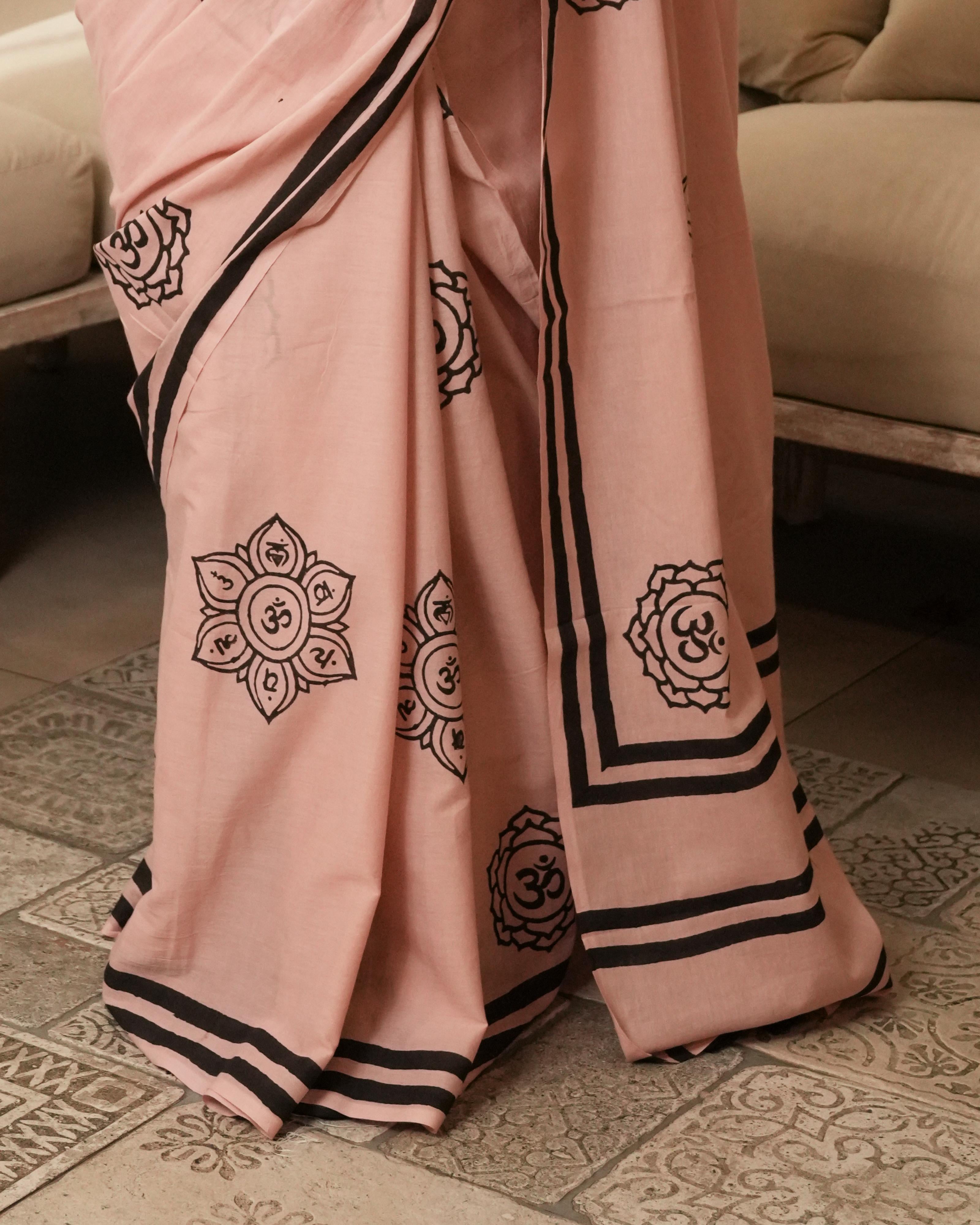Coral Om Handblock Printed Mul Saree