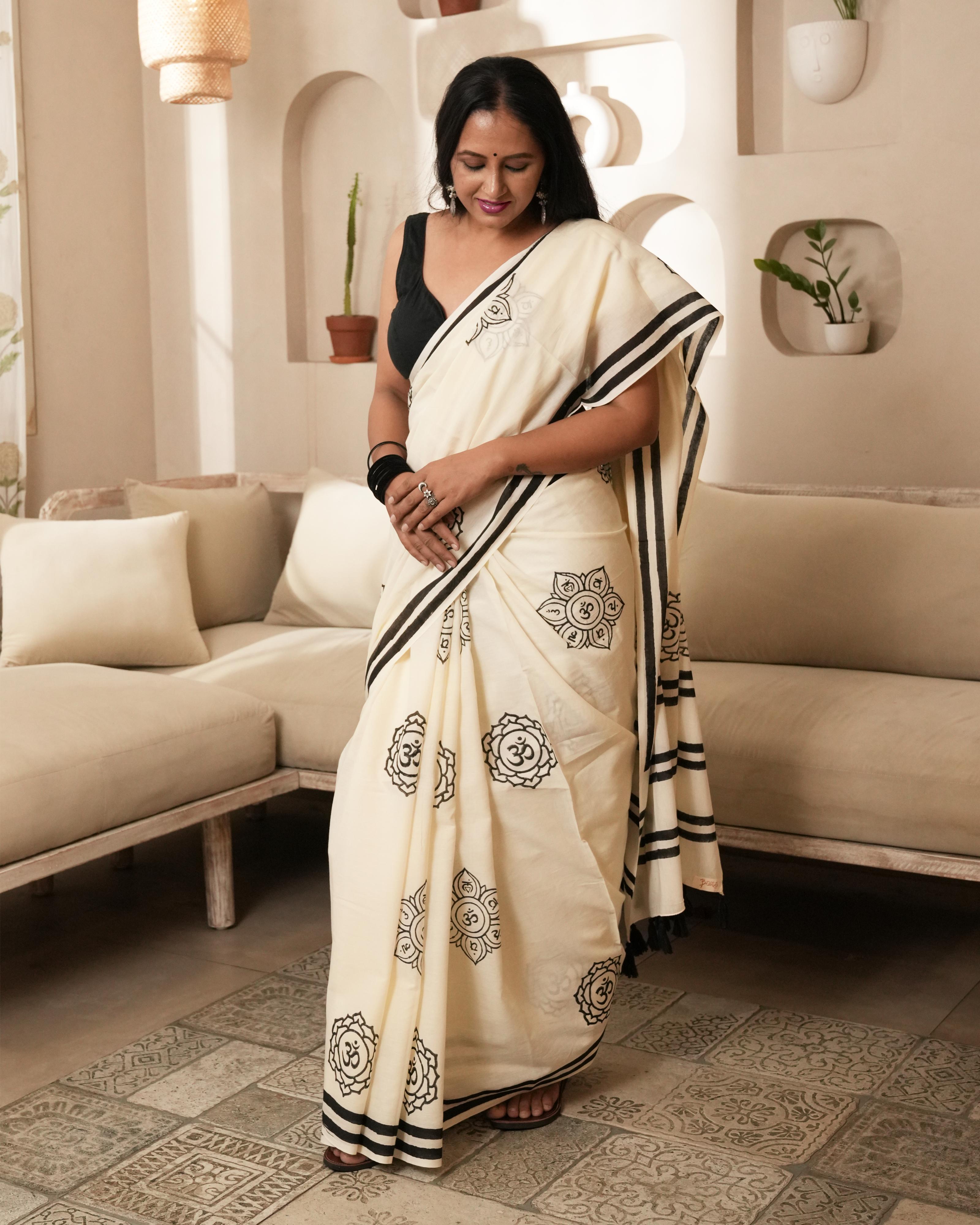 Ivory Om Hand Block Print Mul Saree with Tassels