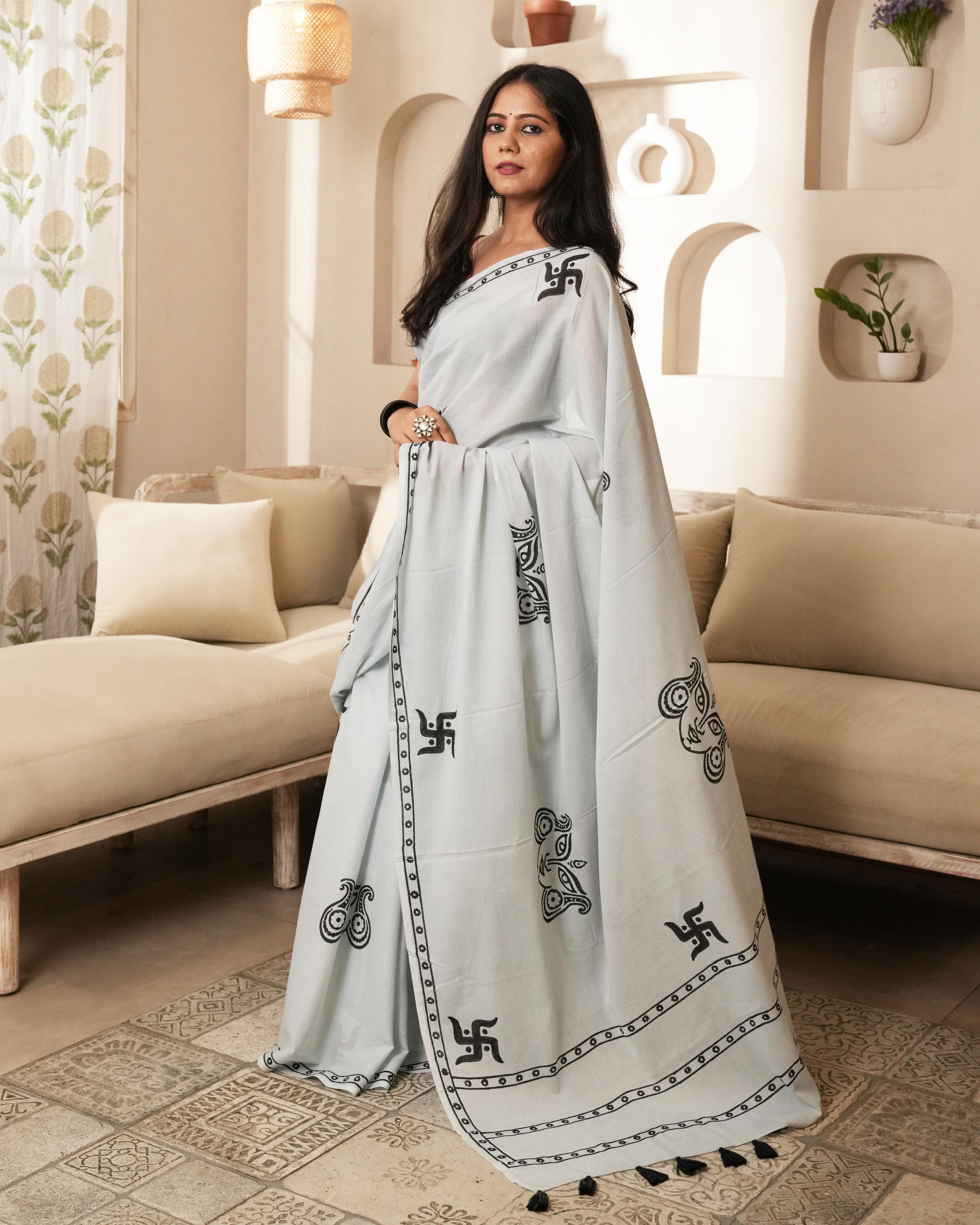 Light Grey Swastik Block Print Mul Saree