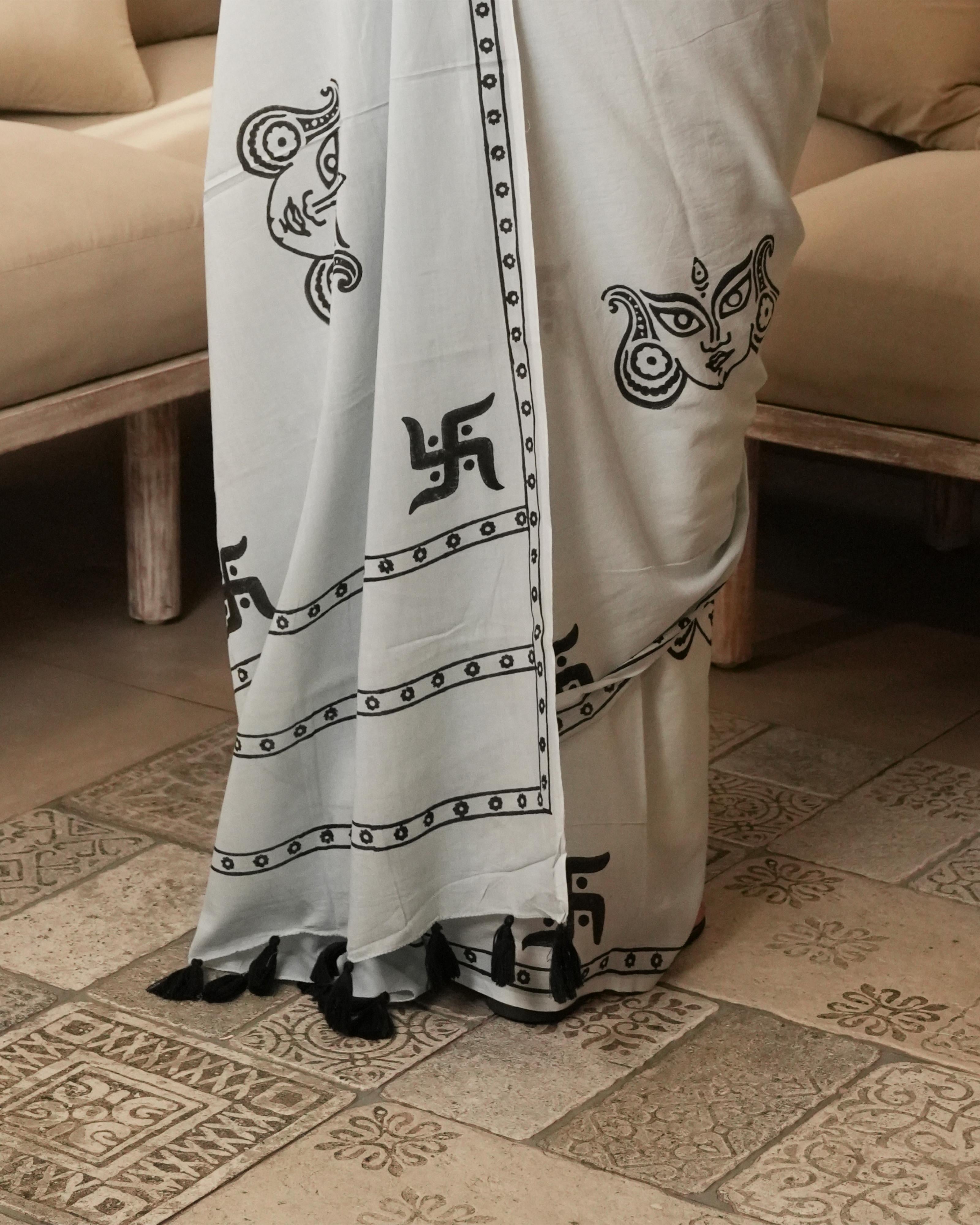 Light Grey Swastik Block Print Mul Saree