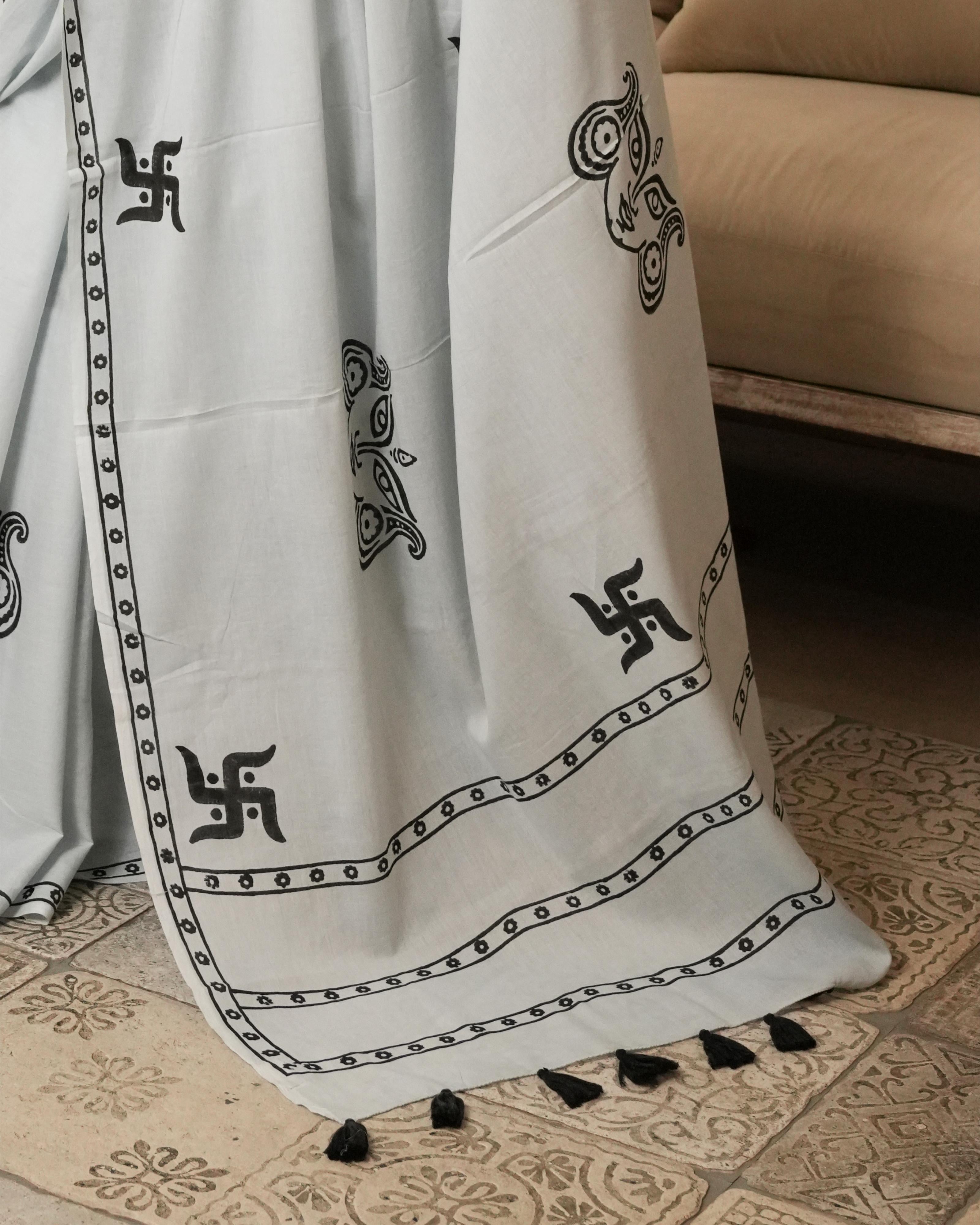Light Grey Swastik Block Print Mul Saree